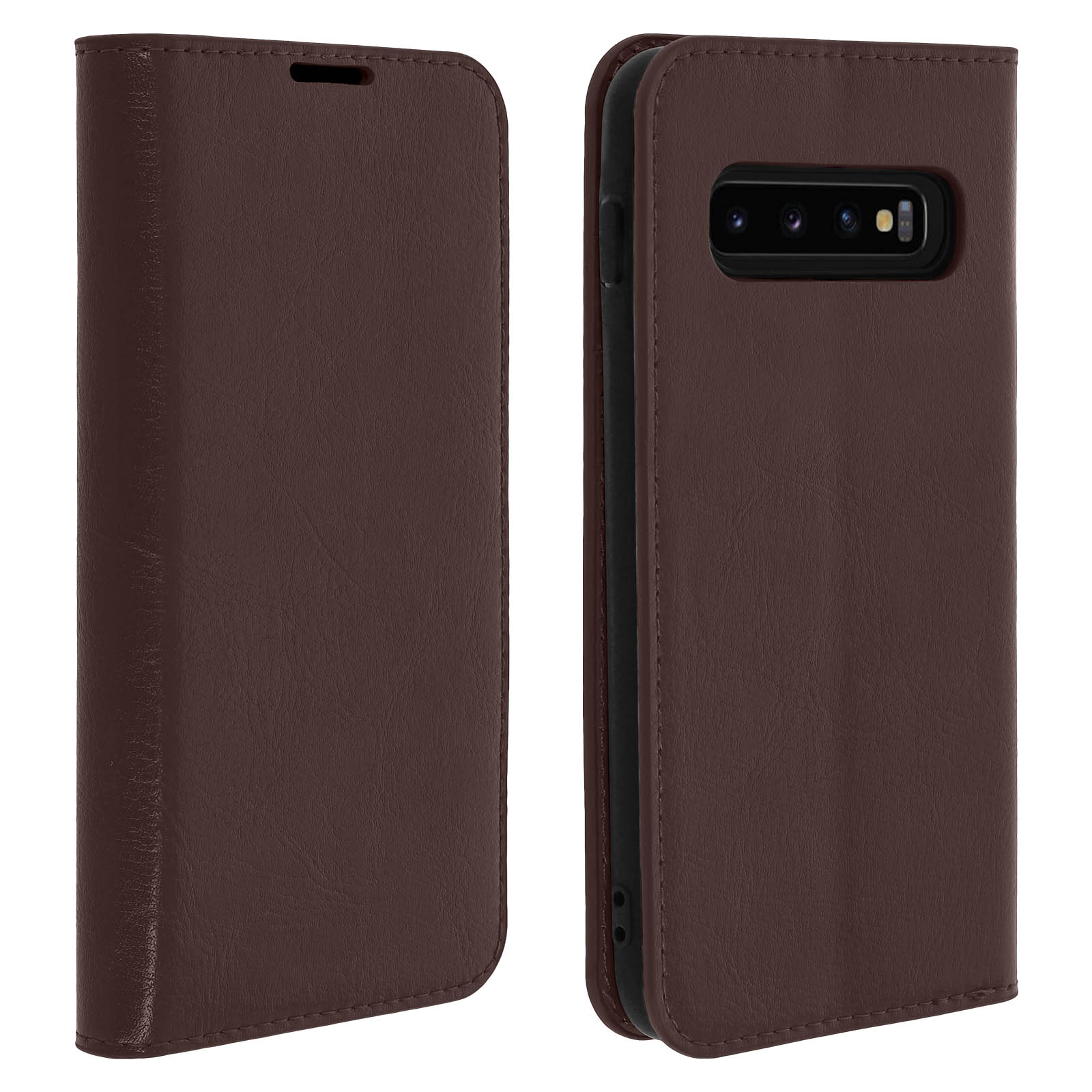 Custodia marrone per telefono aperta e chiusa. Mostra la fotocamera anteriore del telefono.
