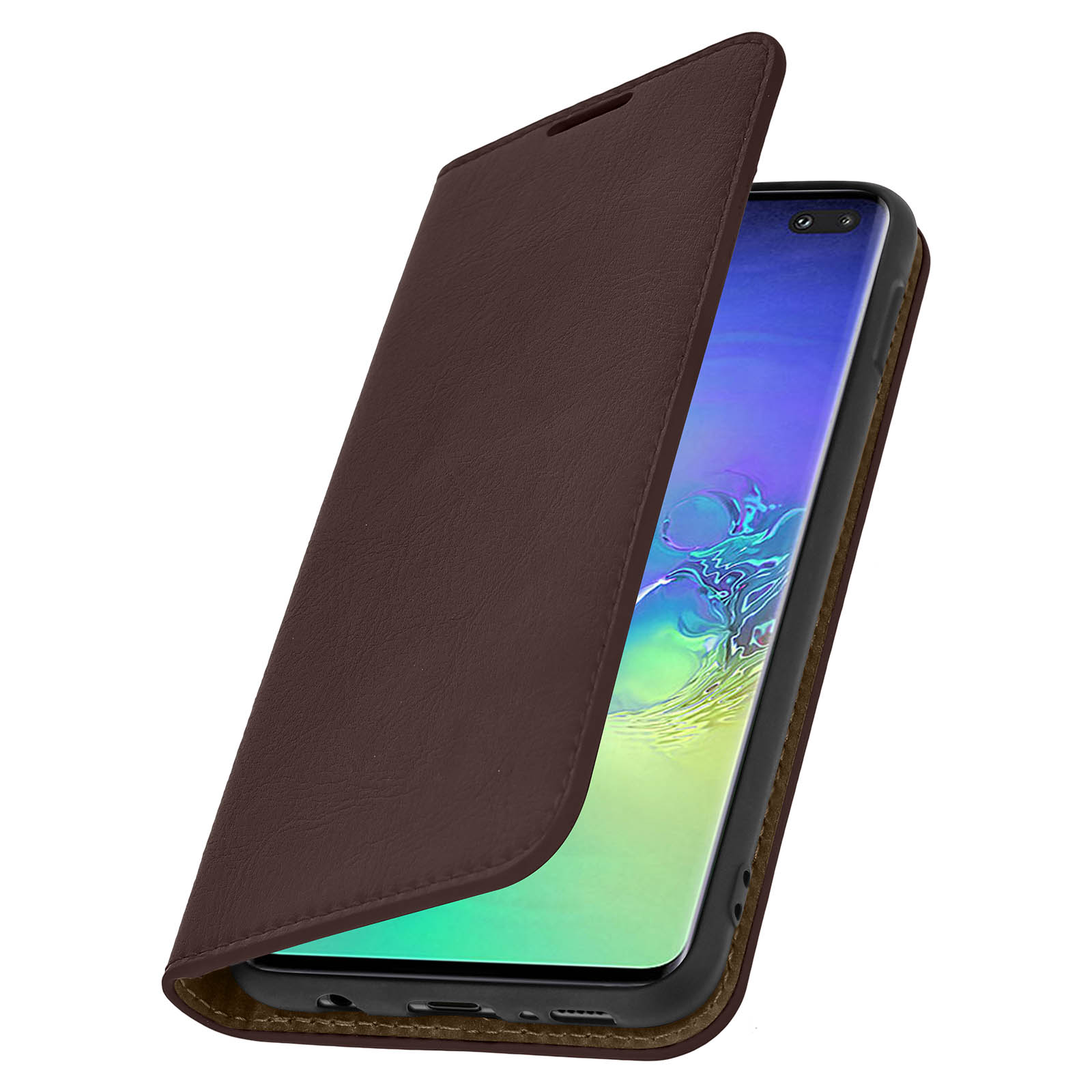 Custodia marrone aperta, che rivela il telefono. Sfondo studio bianco semplice.