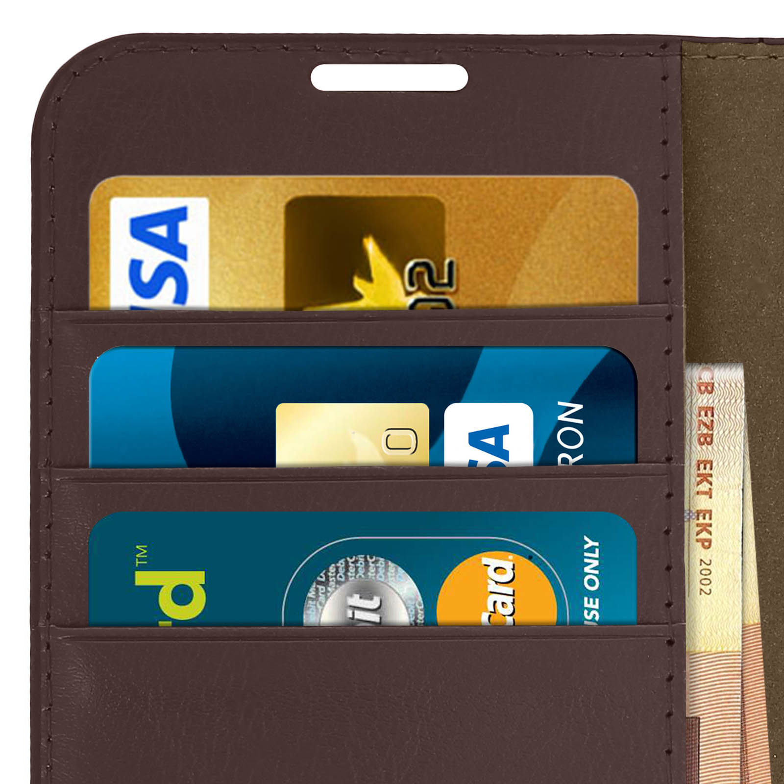 Portafoglio in pelle marrone con carte di credito e denaro all'interno.