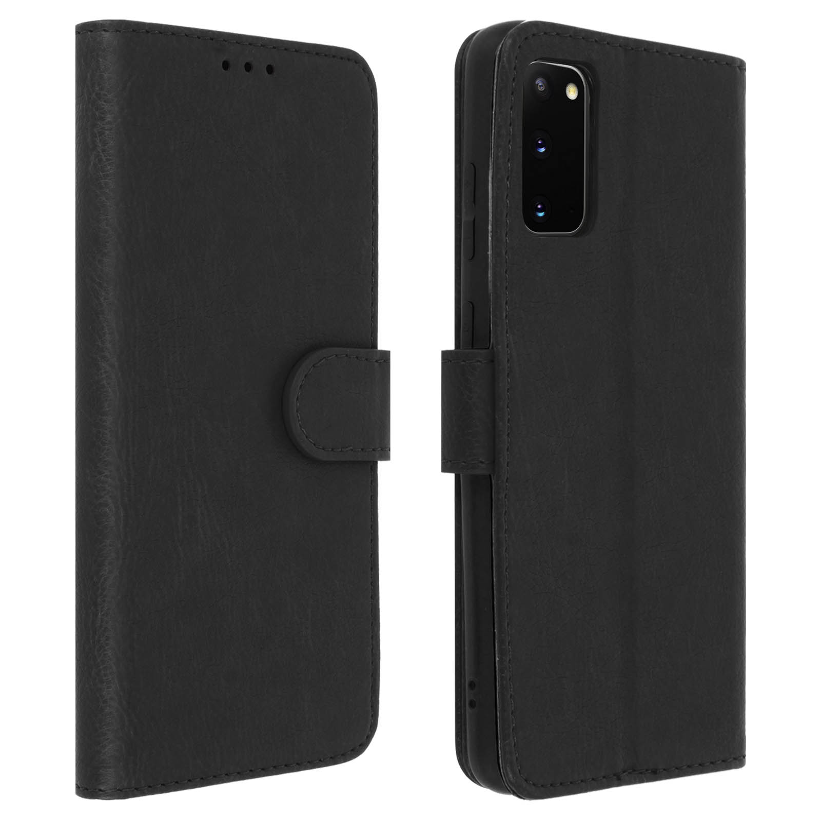 Custodia per telefono nera, chiusa, con chiusura a bottone e texture pelle.
