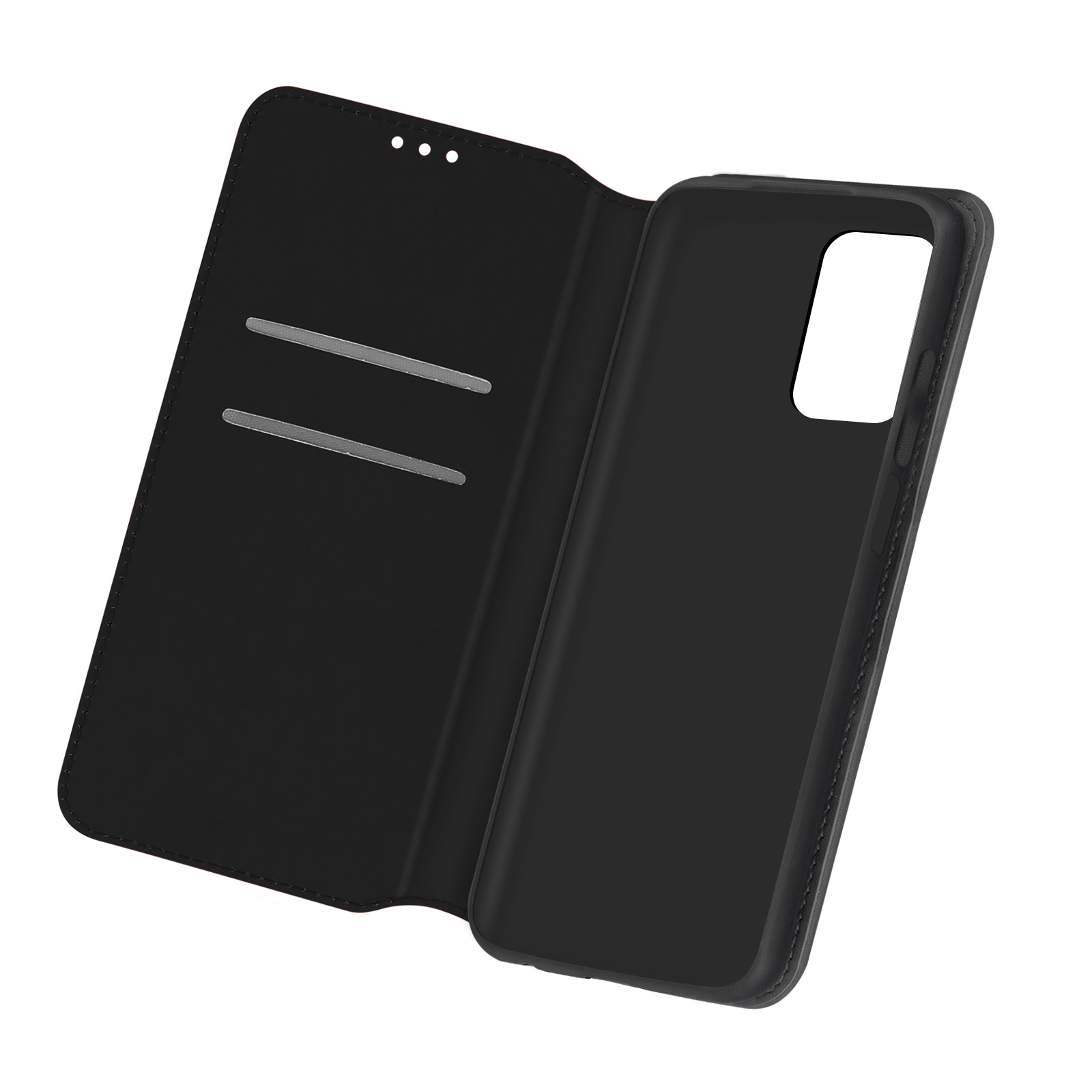 Coque de téléphone noire avec couvercle ouvert. À l'intérieur, des emplacements pour cartes et un support.