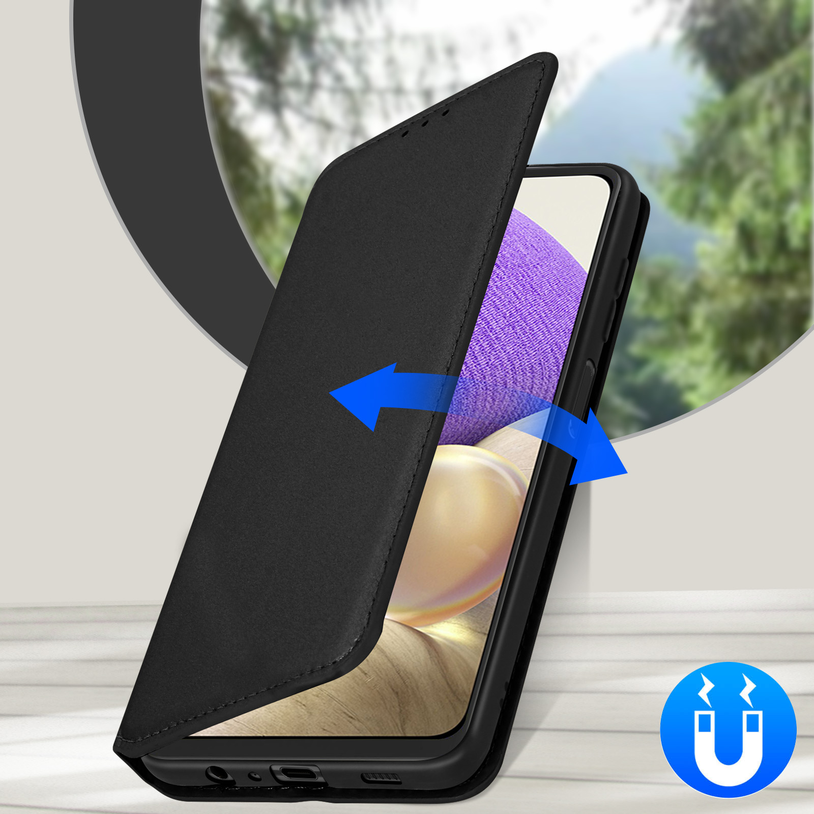 Étui de téléphone noir ouvert, montrant un écran avec un fond violet et des flèches bleues.