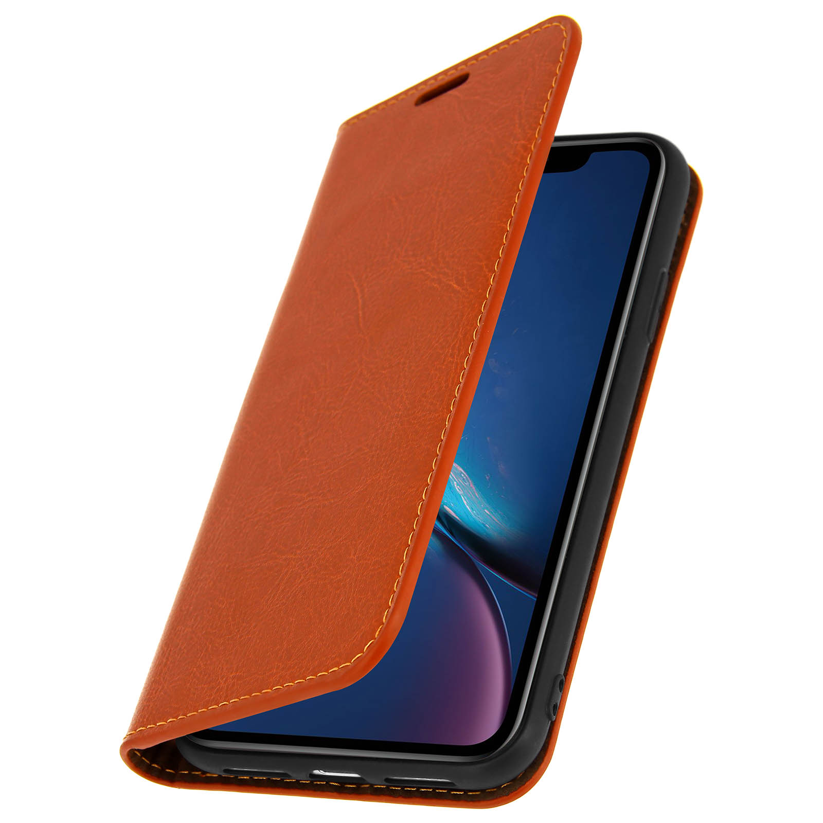 Custodia arancione per telefono aperta, che rivela un telefono.