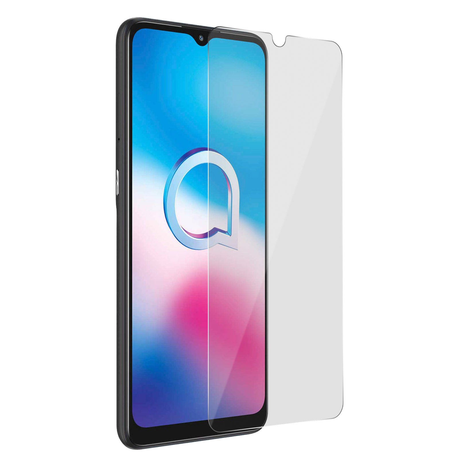 Uno smartphone e una protezione schermo. Il telefono mostra un design blu e bianco su sfondo bianco.