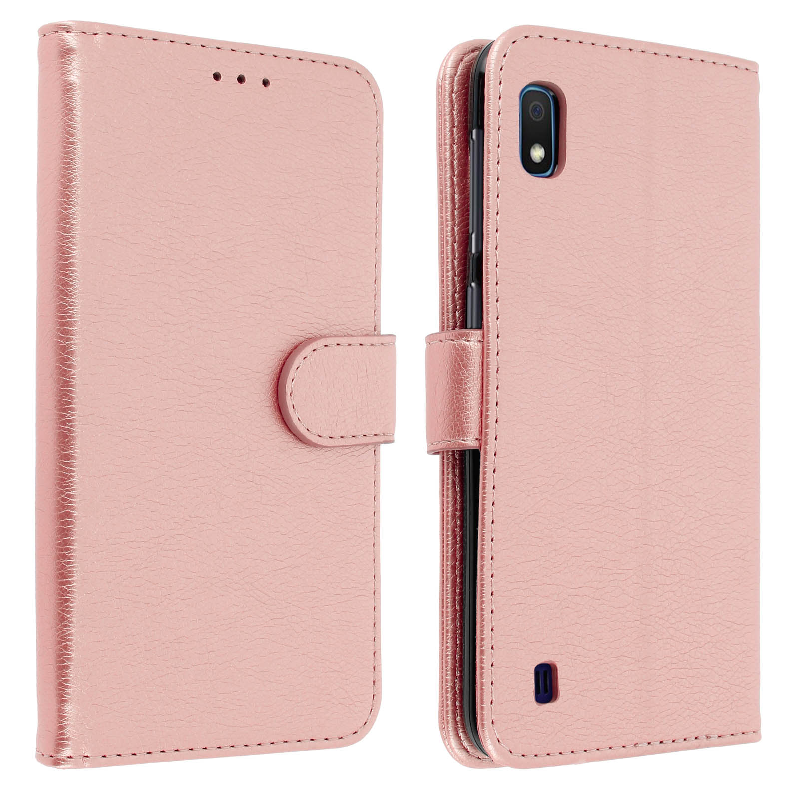 Roze telefoonhoes, open. Toont de telefoon binnenin. De hoes is roze. Witte achtergrond.