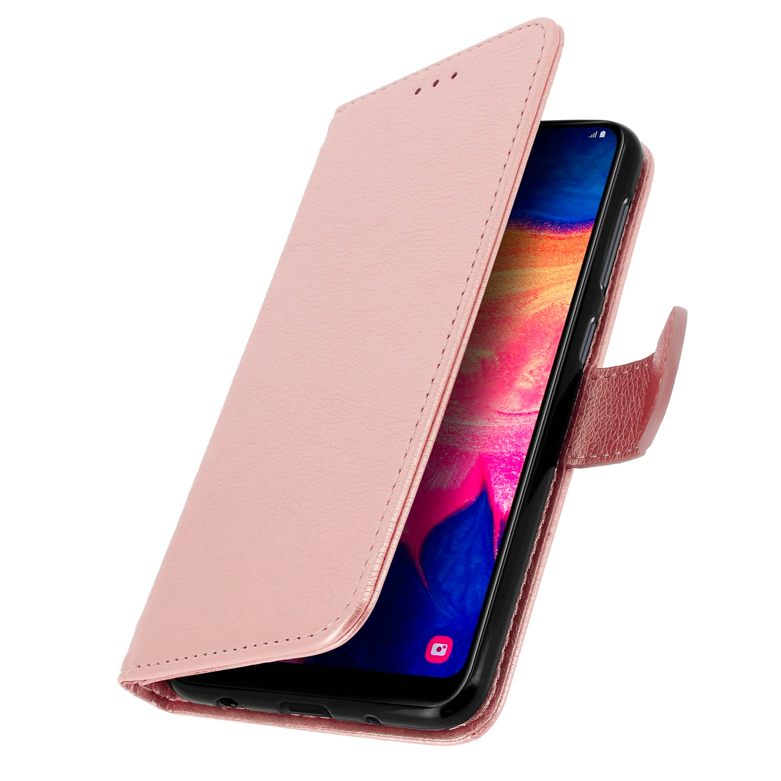 Roze telefoonhoes met een telefoon erin, geopend op een witte achtergrond.