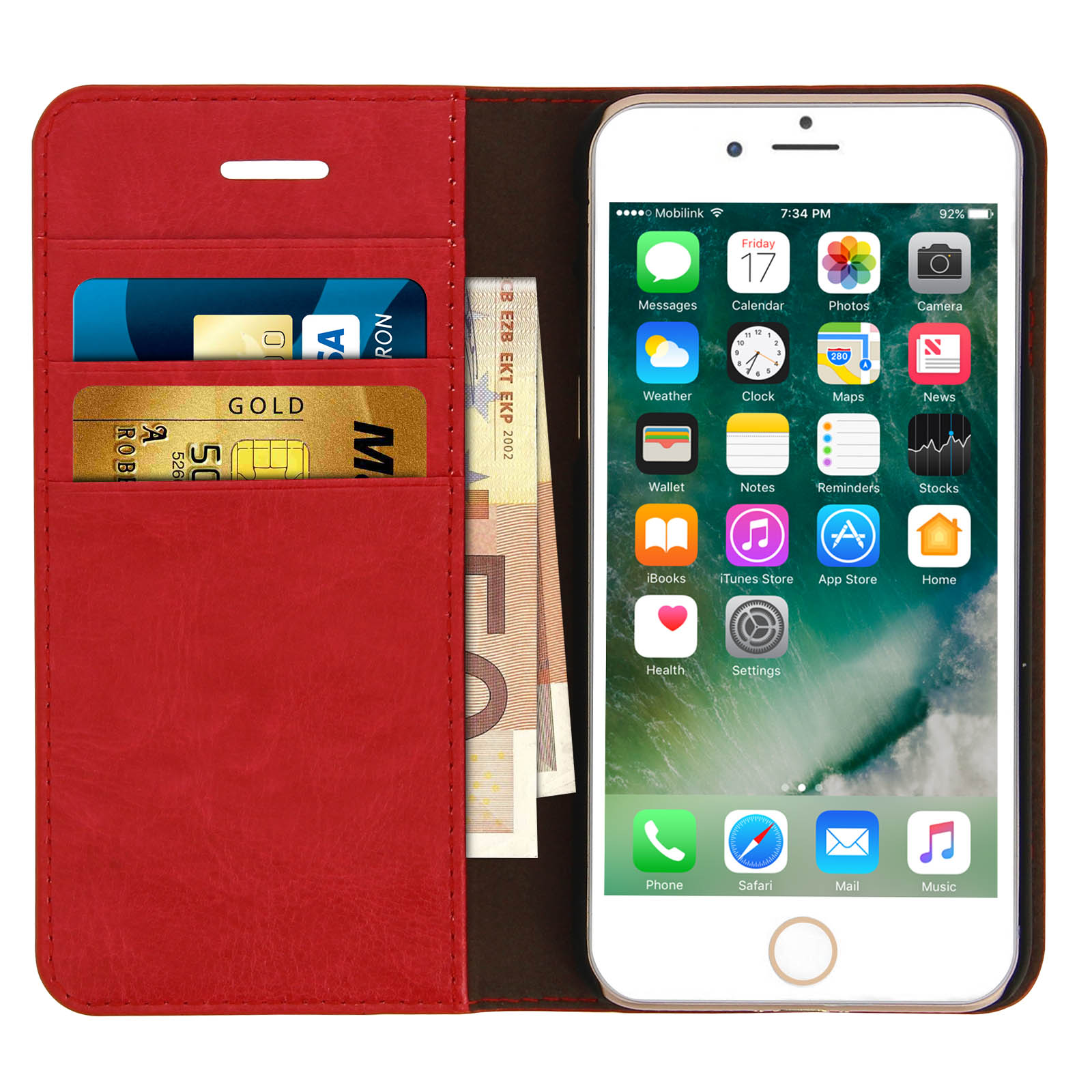 Uno smartphone in una custodia a portafoglio rossa. Lo schermo mostra la schermata iniziale con le icone delle app.