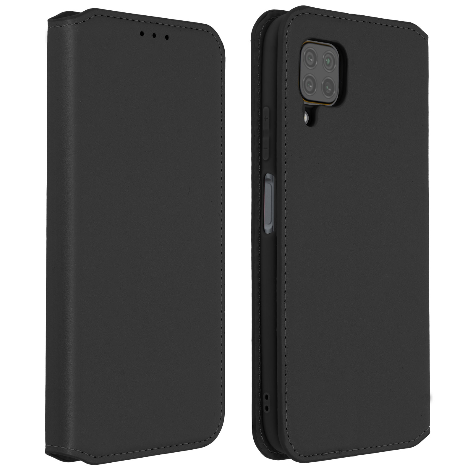 Custodia nera per telefono, chiusa e aperta, con interno nero e modulo fotocamera.
