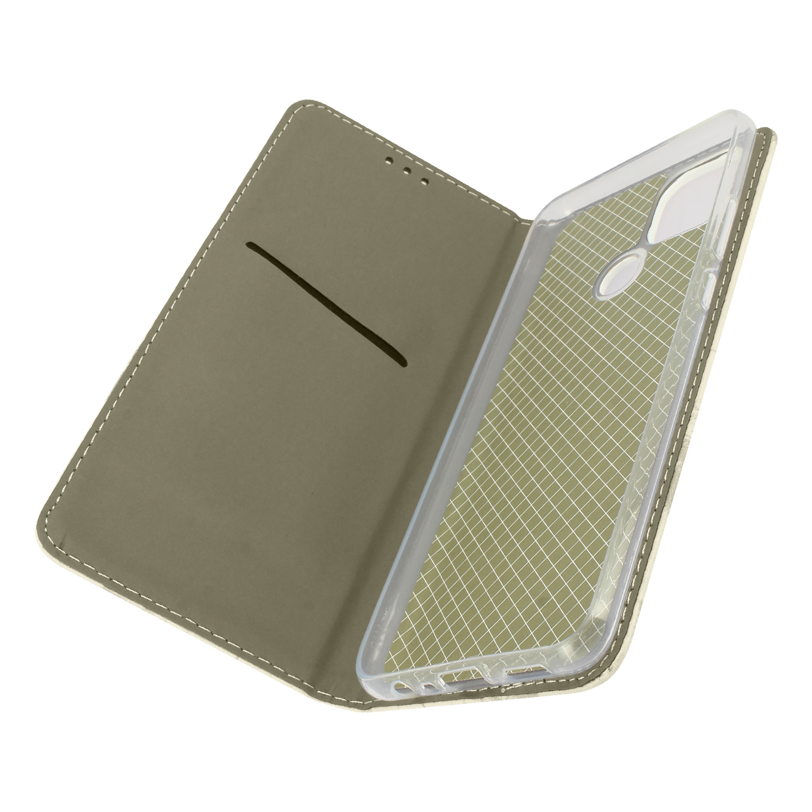 Custodia per telefono aperta. Beige all'esterno, supporto trasparente per telefono all'interno. Motivo a griglia.