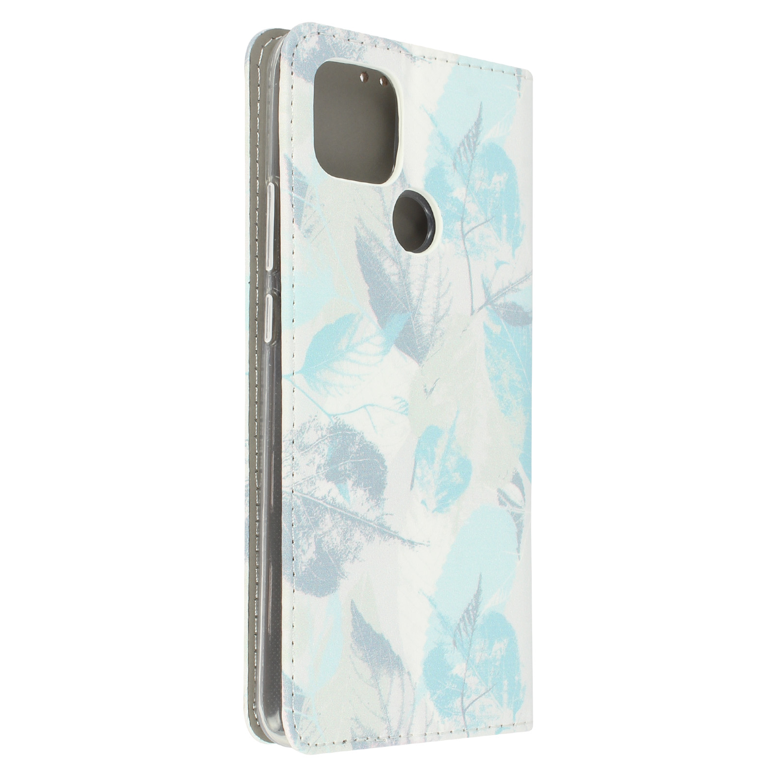 Una custodia per telefono con un motivo a foglie. È in una combinazione di colori azzurro e grigio.