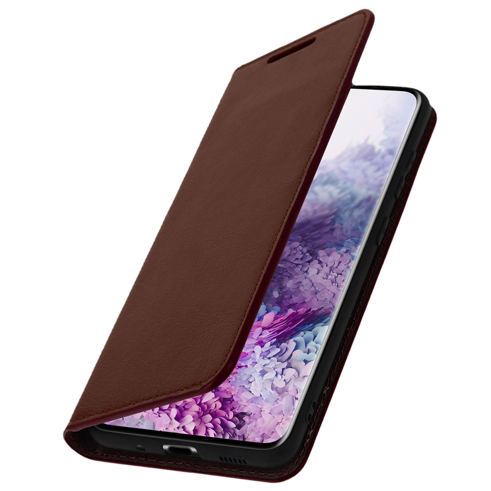 Een telefoon in een bruine hoes. De hoes is open en toont het telefoonscherm. De achtergrond is wazig. De hoes is bruin.