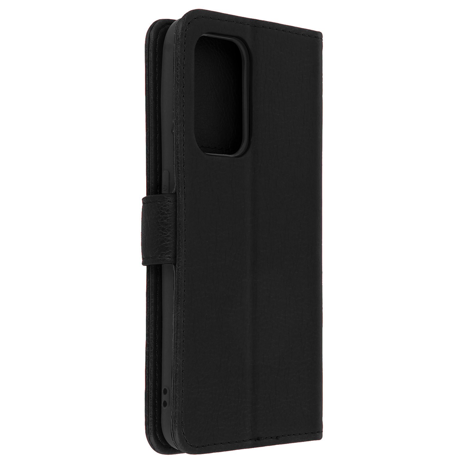 Gesloten zwarte telefoonhoes met magnetische sluiting, geïsoleerd op witte achtergrond.