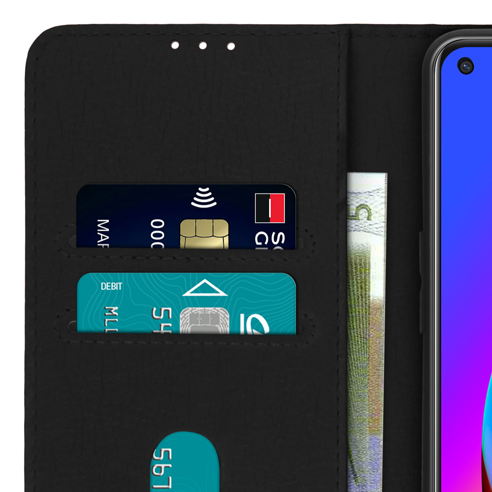 Zwarte telefoonhoes, open, met een telefoon, enkele kaarten en een bankbiljet zichtbaar.