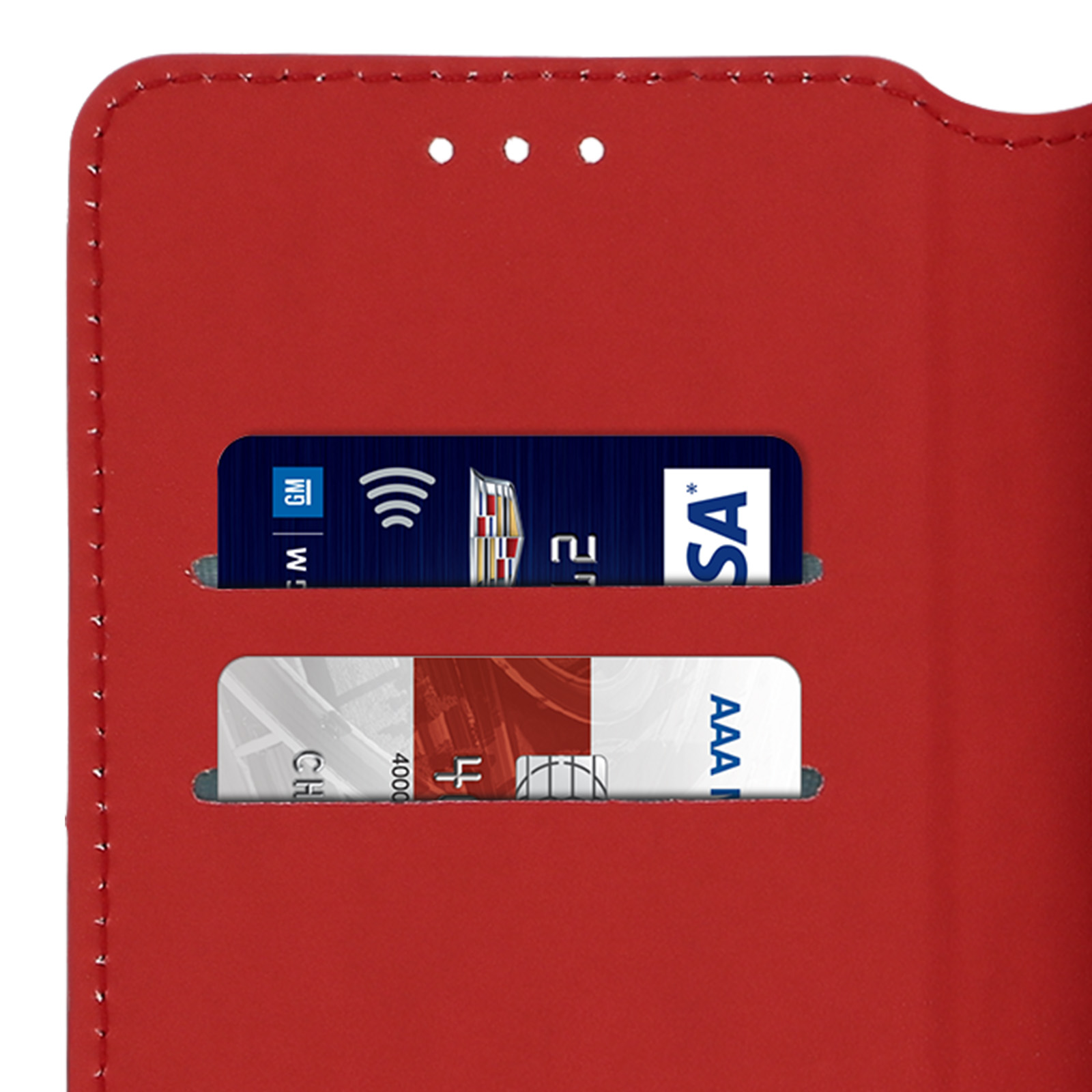 Una custodia per telefono rossa aperta. Due carte sono visibili all'interno. Lo sfondo è rosso. Le carte hanno del testo.