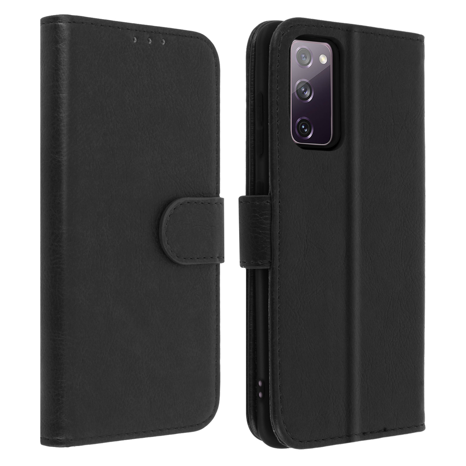 Étui de téléphone noir, ouvert. Montre un téléphone avec des lentilles de caméra. Étui fermé à gauche.