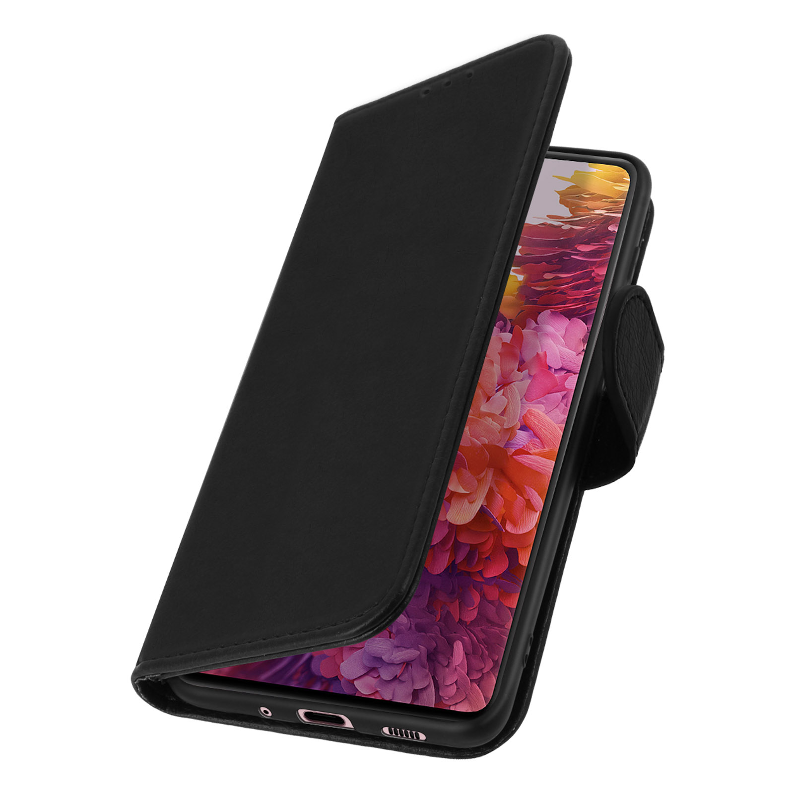 Étui de téléphone noir ouvert, révélant un téléphone. Le téléphone a un fond d'écran floral rose et violet. Fond blanc.