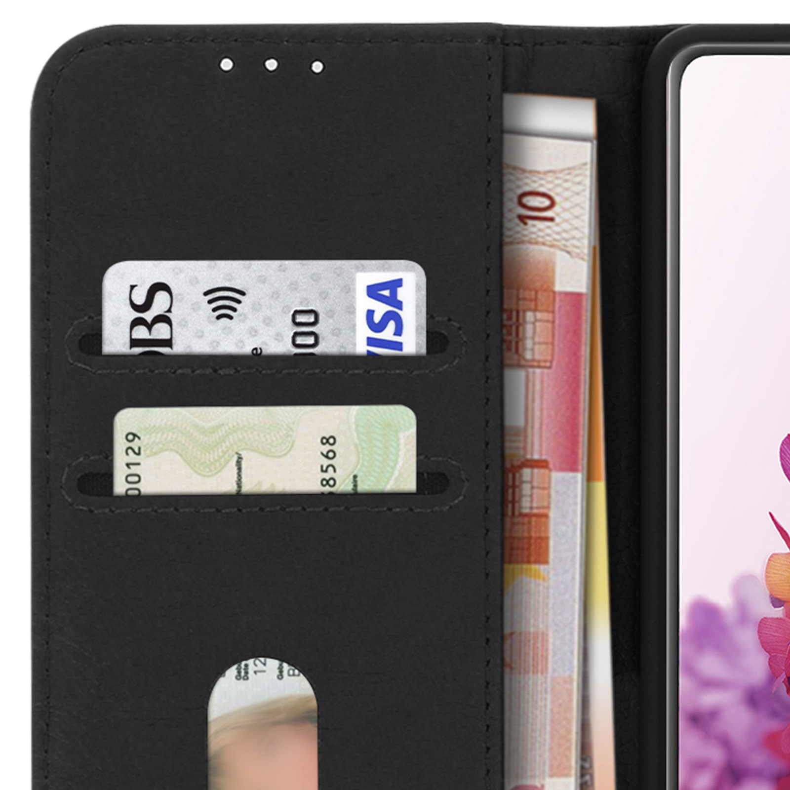 Étui portefeuille avec cartes de crédit et billets en euros. L'étui est noir et l'argent est visible.