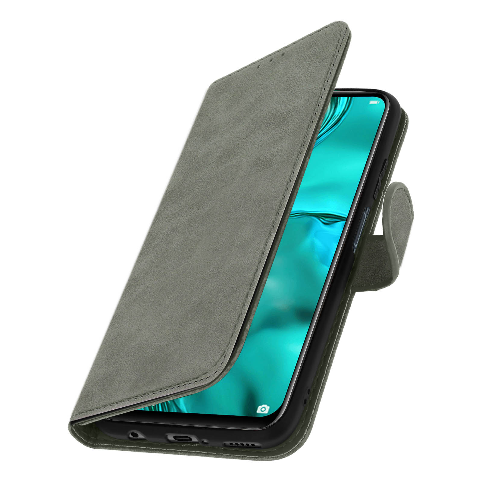 Een grijze telefoonhoes open om het scherm van een telefoon te laten zien. De hoes heeft een gestructureerd oppervlak.