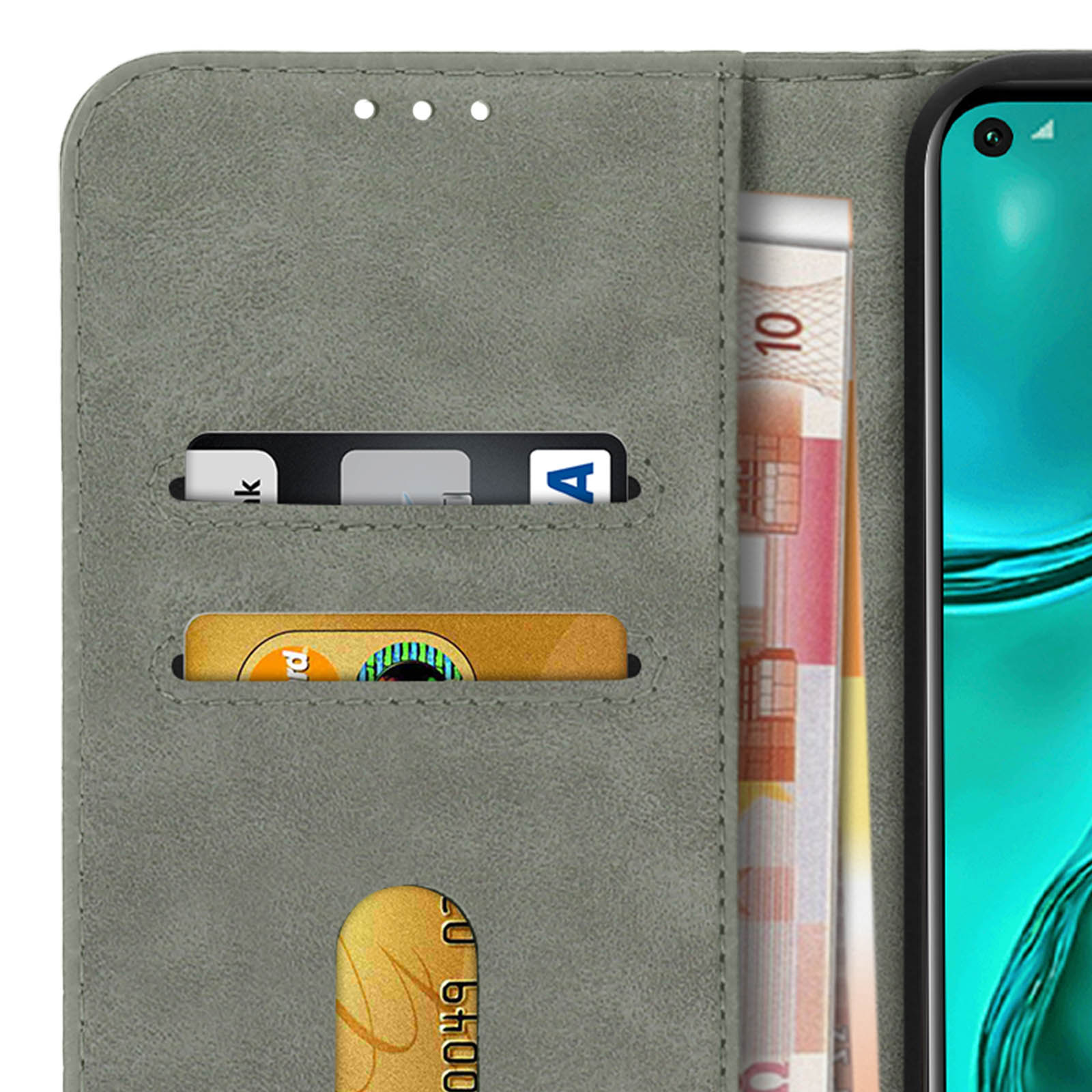 In een portemonnee met kaarten en geld zichtbaar. Een telefoon zit in de zak.