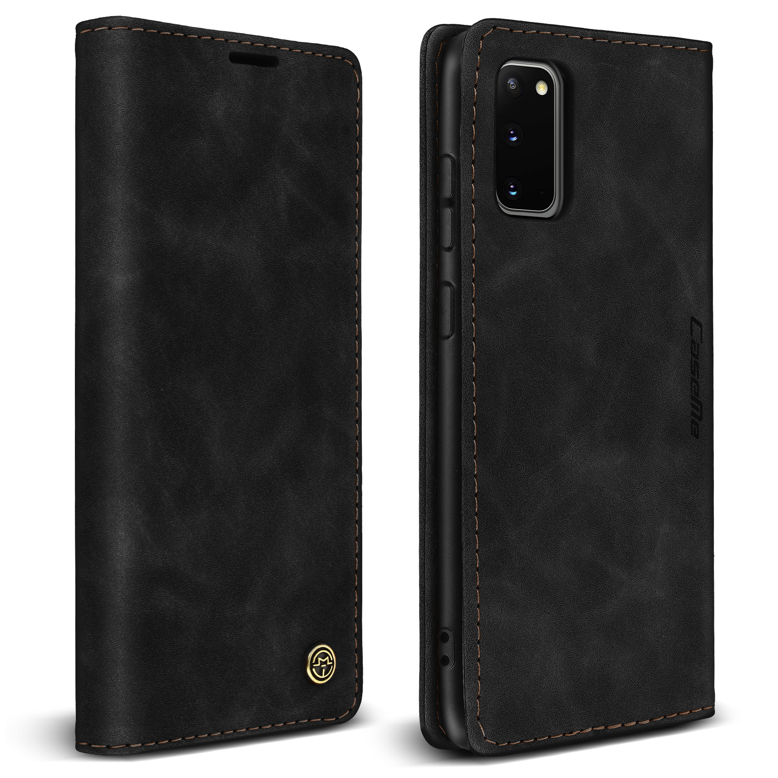 Custodia per telefono in pelle nera, aperta per rivelare il telefono. La custodia ha un logo dorato.