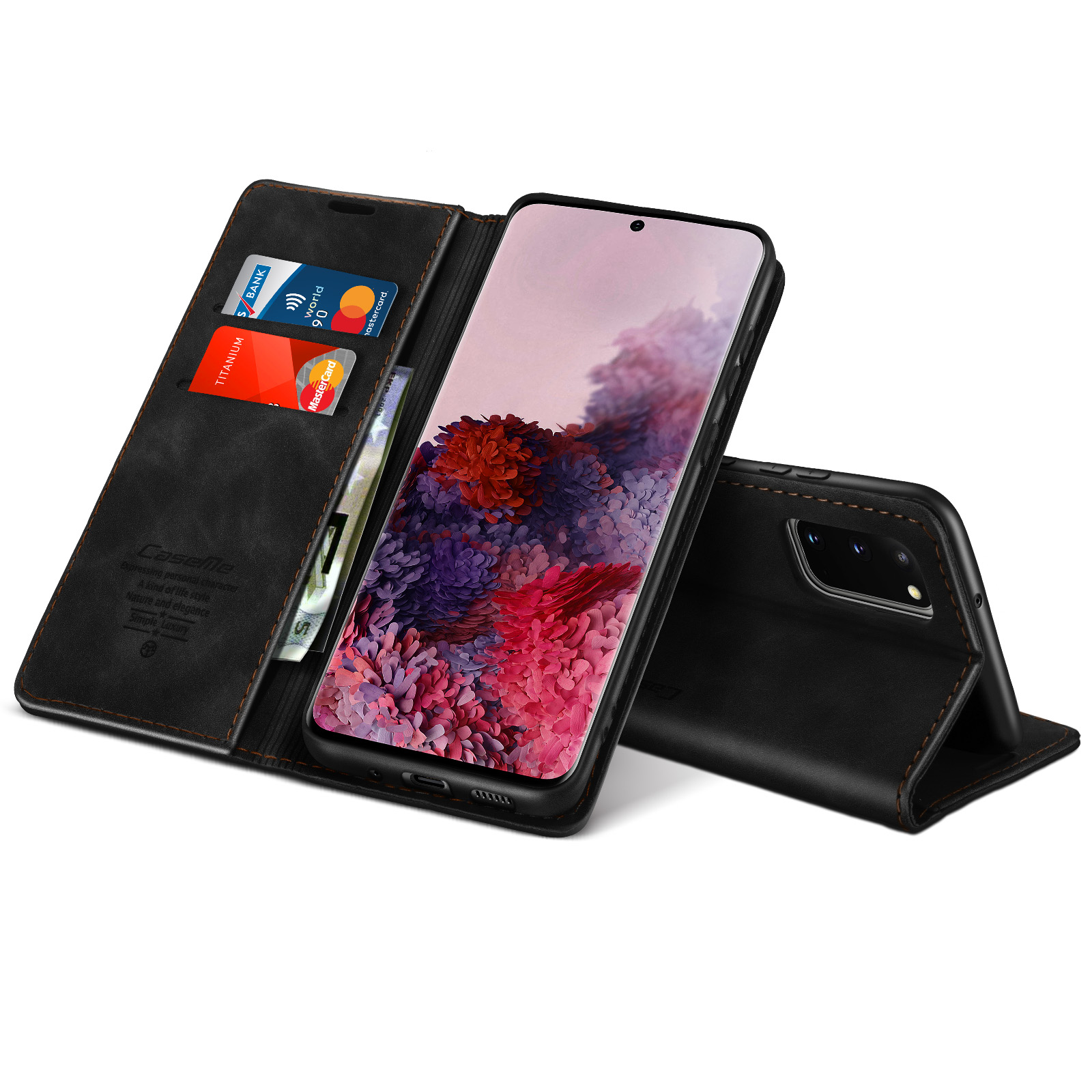 Custodia per telefono nera con carte e telefono. Il telefono mostra un'immagine floreale. La custodia è aperta.