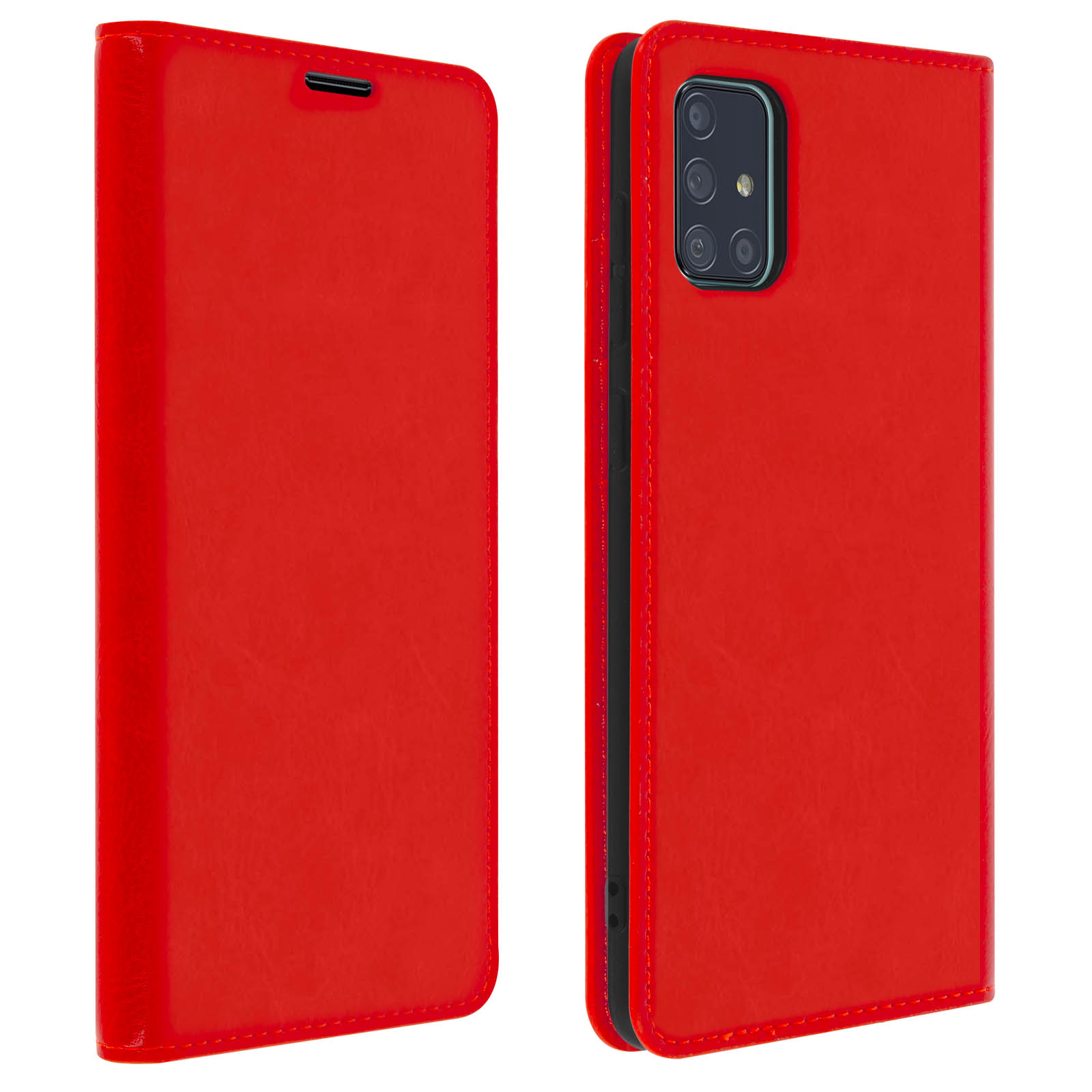 Custodia rossa per telefono, chiusa a sinistra e aperta a destra, che rivela un telefono.