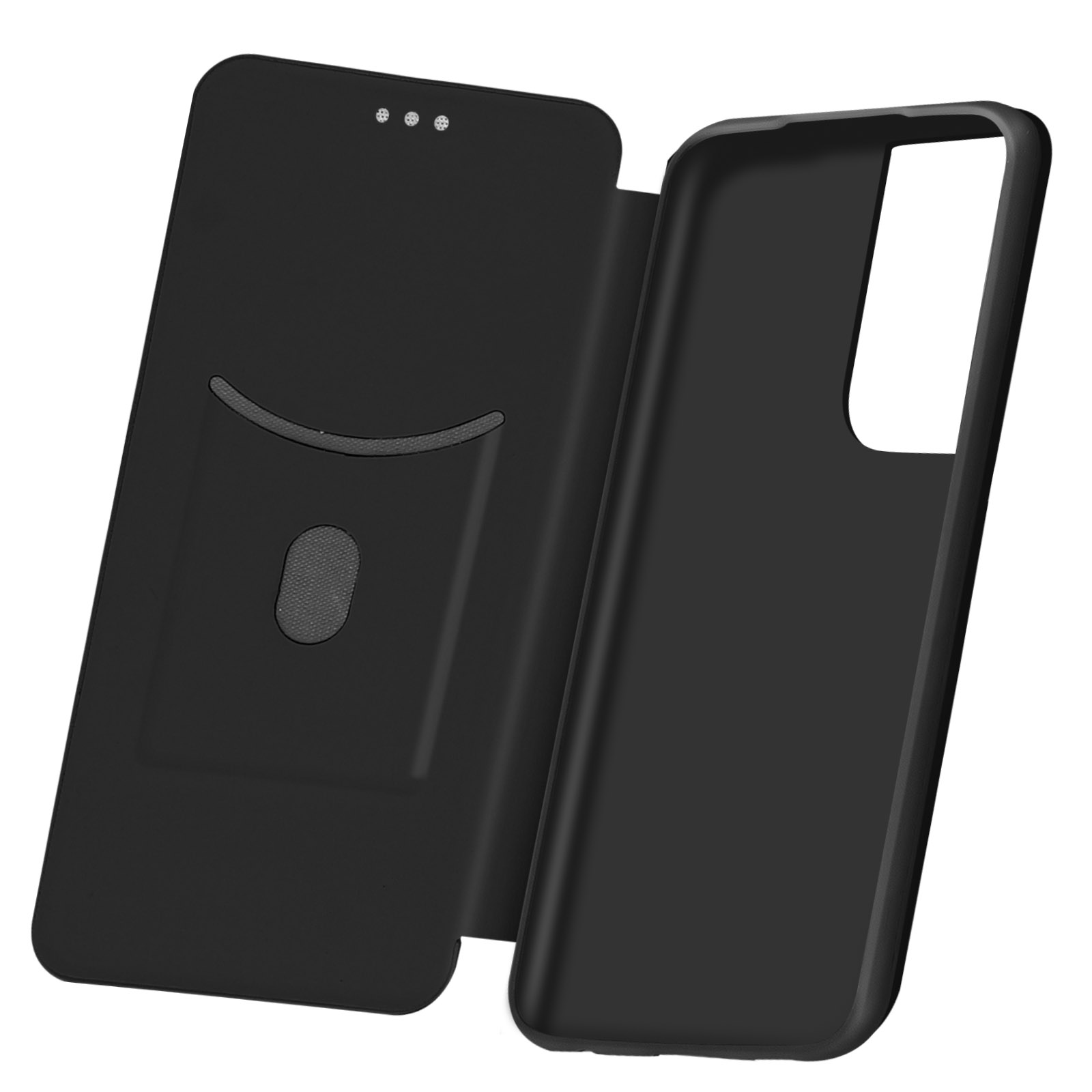 Custodia per telefono nera, aperta, con fessura per carte. Telefono nero all'interno. Sfondo bianco.