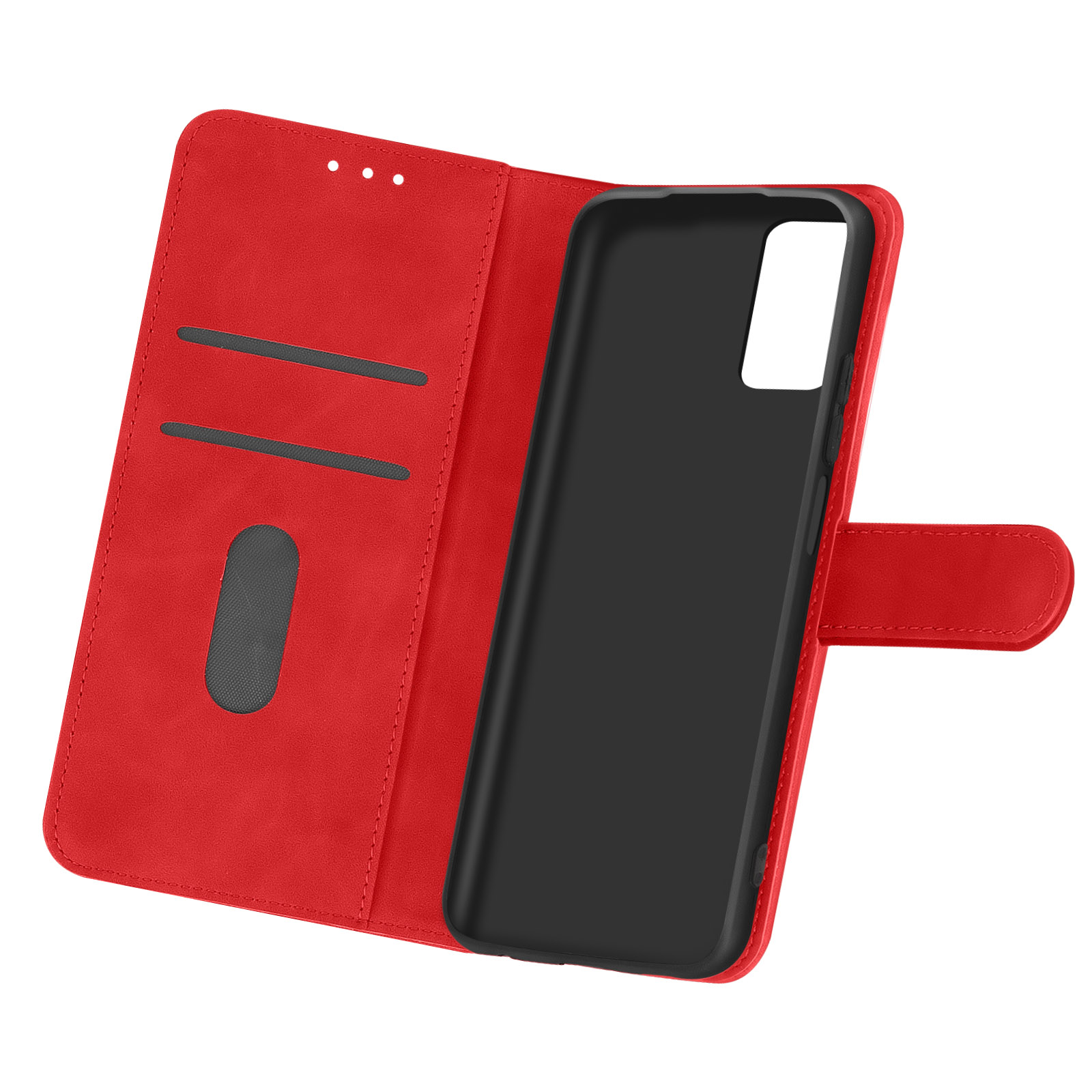 Custodia rossa per telefono, aperta. Il telefono è all'interno. La custodia ha uno slot per carte.
