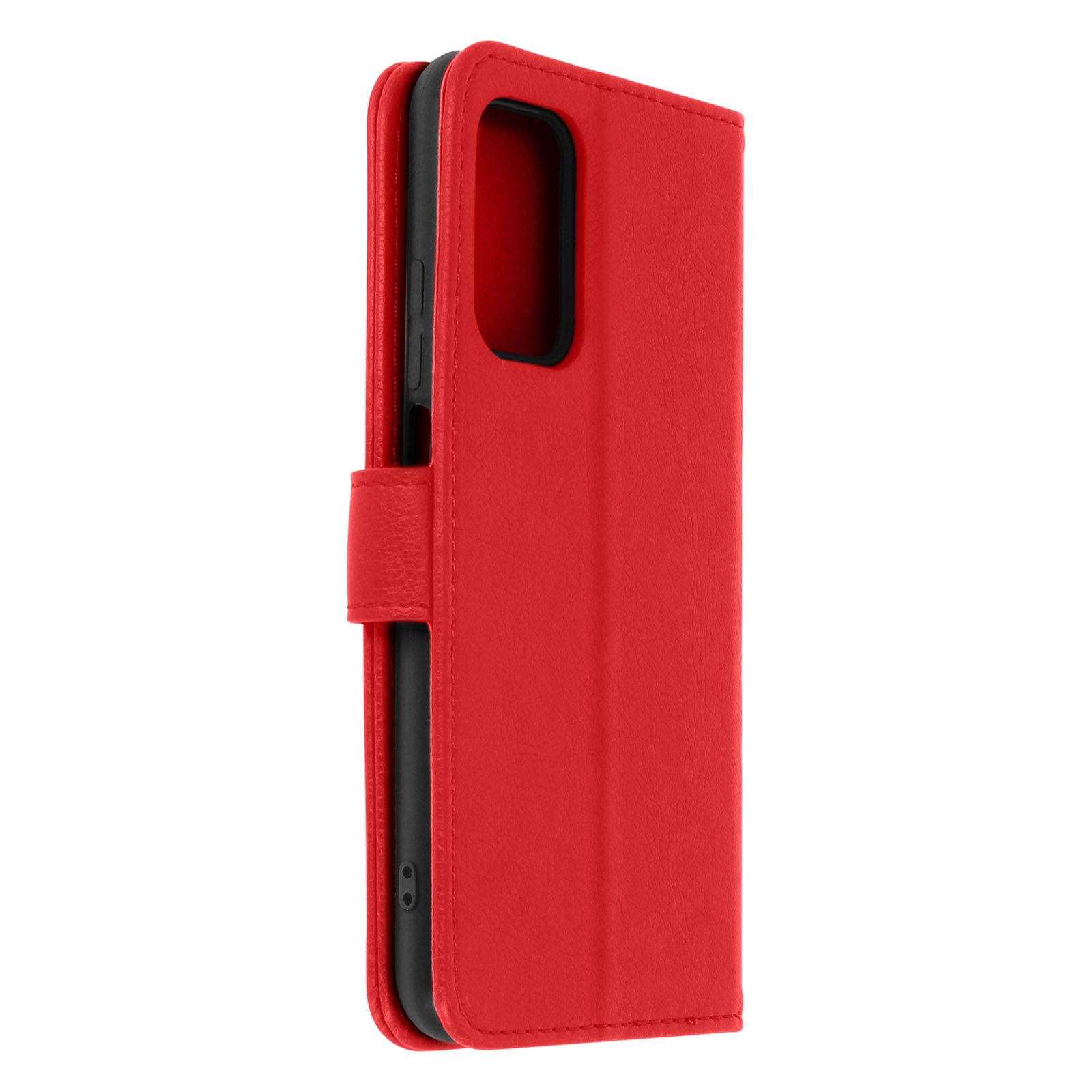 Custodia rossa per telefono chiusa, mostra la custodia. Ha una chiusura magnetica.