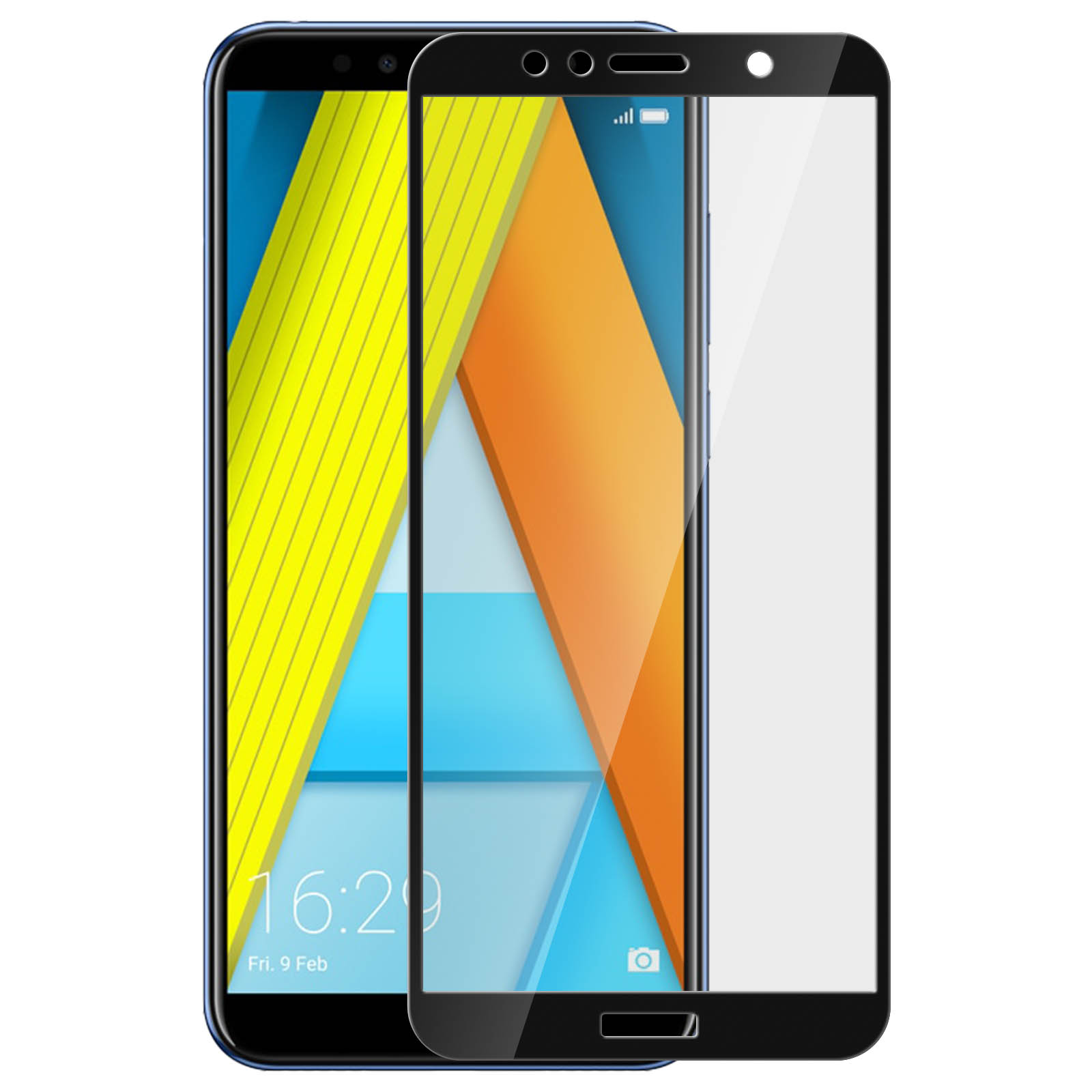 Uno smartphone con protezione schermo. Ha un motivo arancione e giallo.