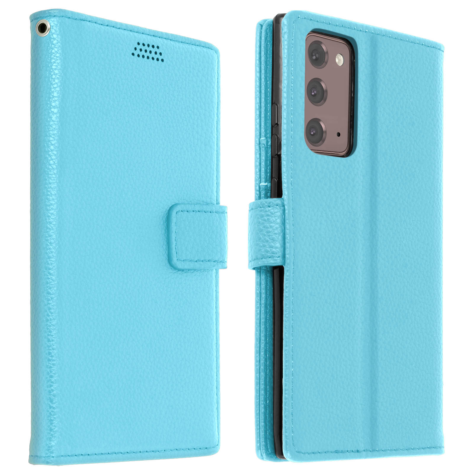 Custodia blu chiaro del telefono aperta e chiusa. Mostra fotocamera e schermo.