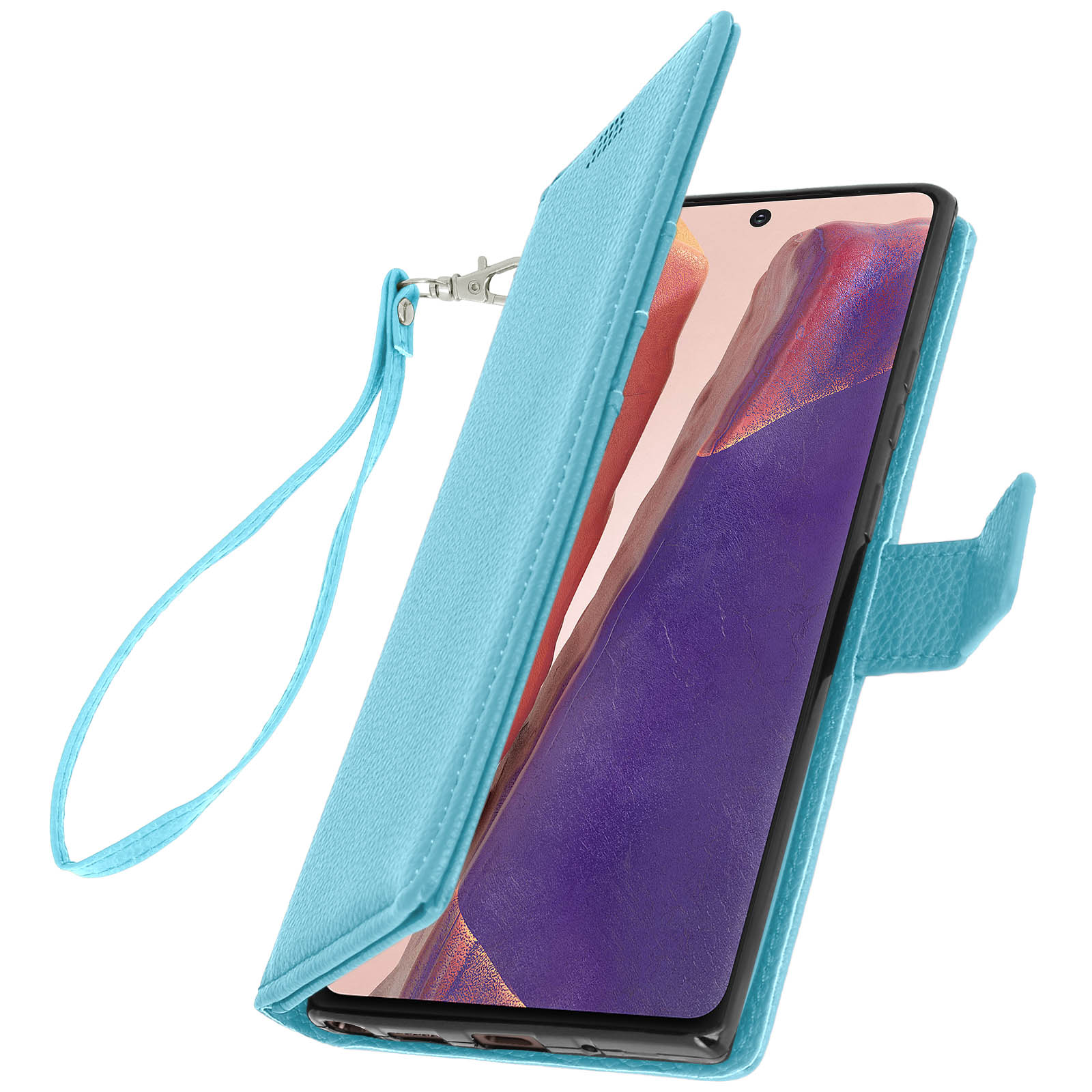 Una custodia per telefono azzurra, aperta per mostrare un telefono. Un cinturino da polso è attaccato alla custodia.