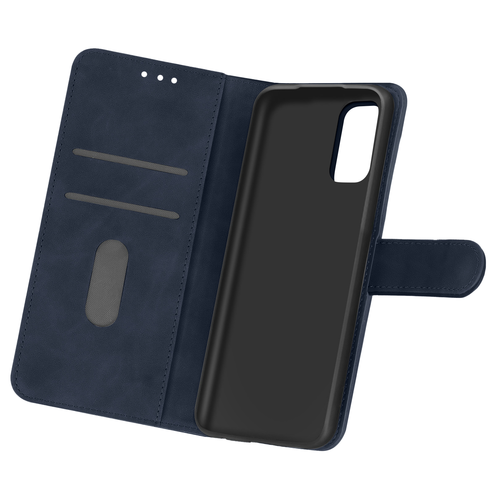 Custodia per telefono blu scuro, aperta. Visualizza l'interno nero del telefono e gli slot per schede.