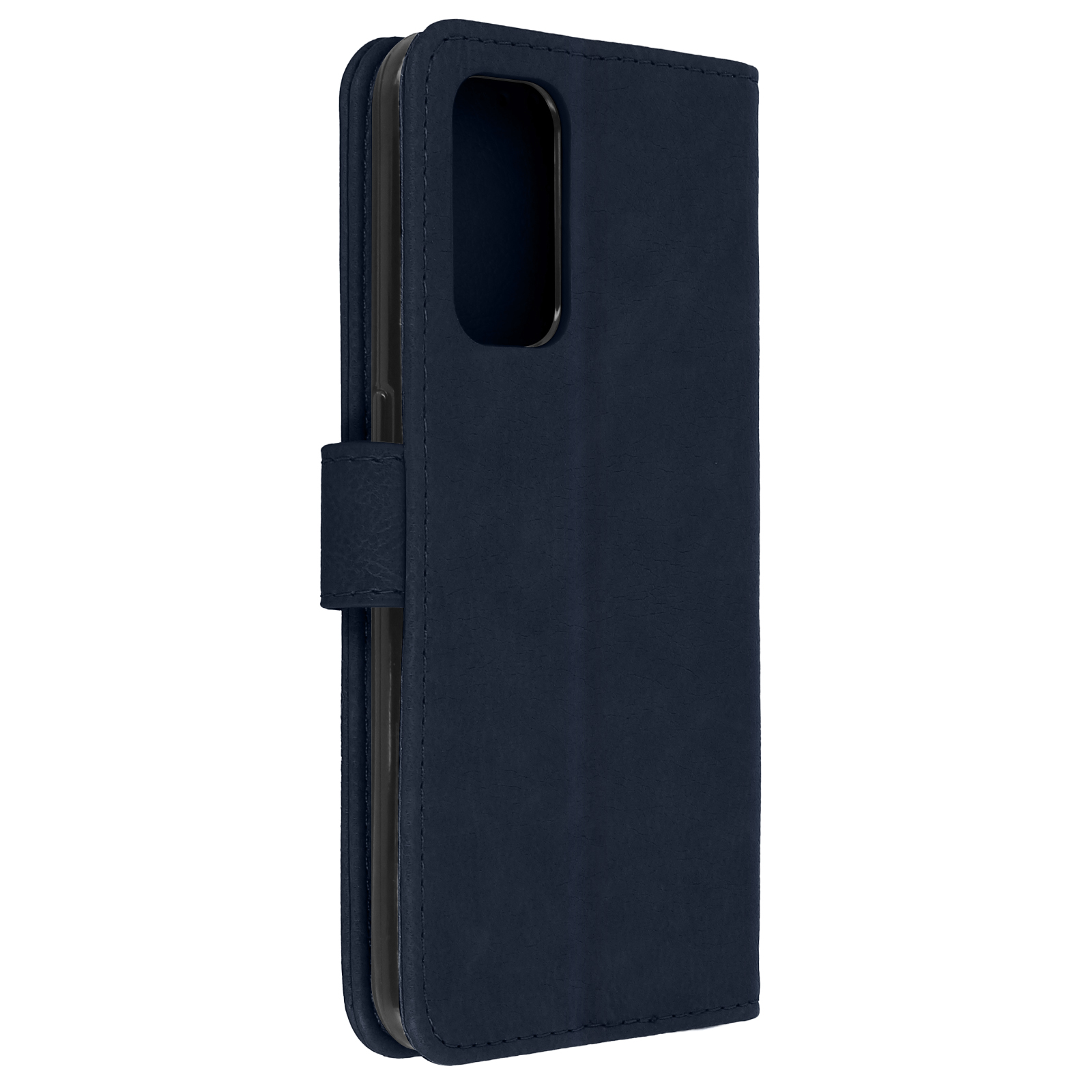 Custodia per telefono blu navy chiusa con chiusura magnetica, in pelle.