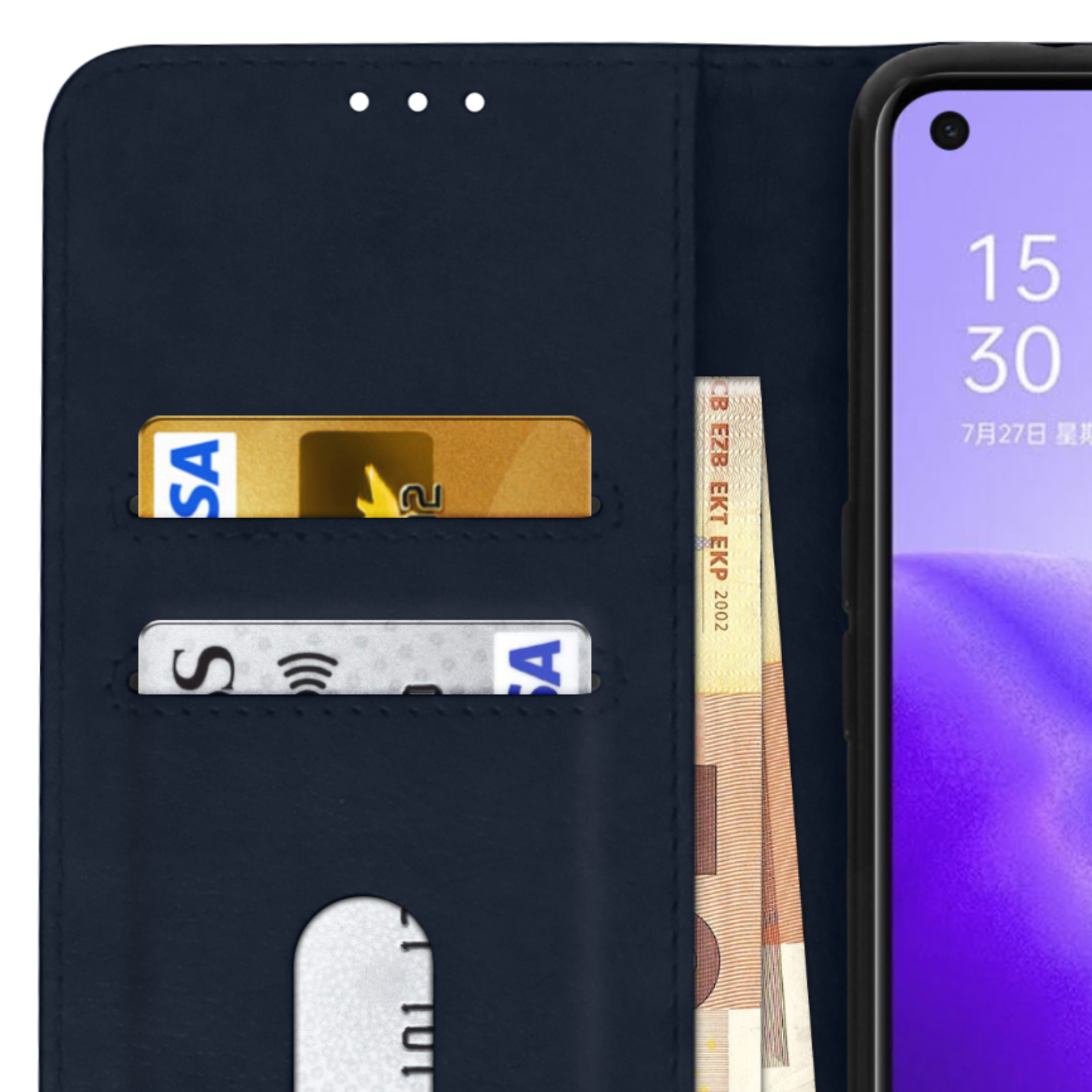 Custodia per telefono a portafoglio blu navy con carte e banconote in euro all'interno.