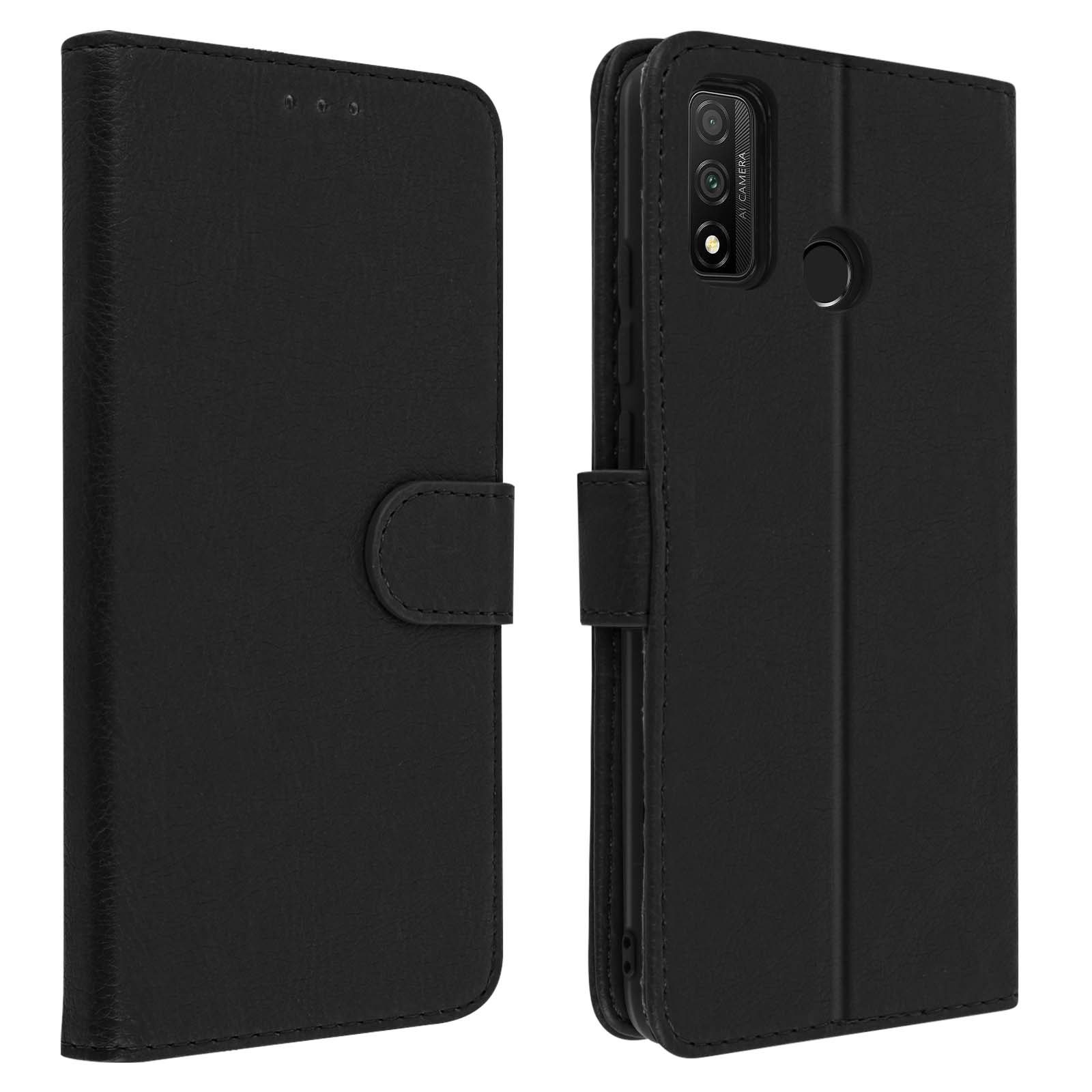 Un étui de téléphone noir, fermé et ouvert pour montrer le téléphone.