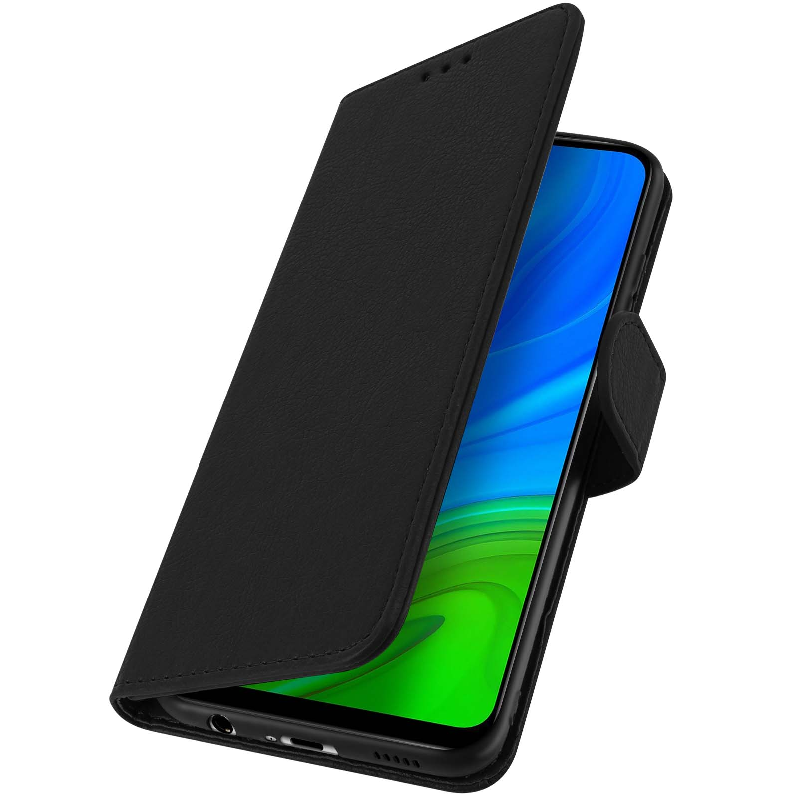Étui de téléphone noir ouvert, affichant un téléphone avec un écran vert et bleu.