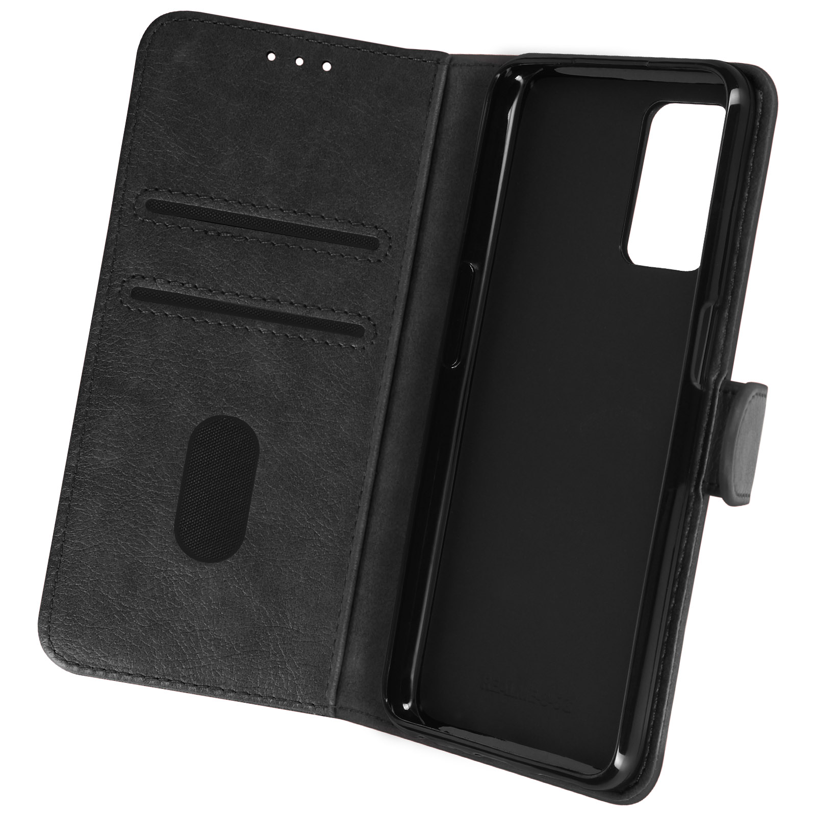 Étui de téléphone noir ouvert. L'intérieur est noir, avec une découpe pour le téléphone et des fentes pour cartes.