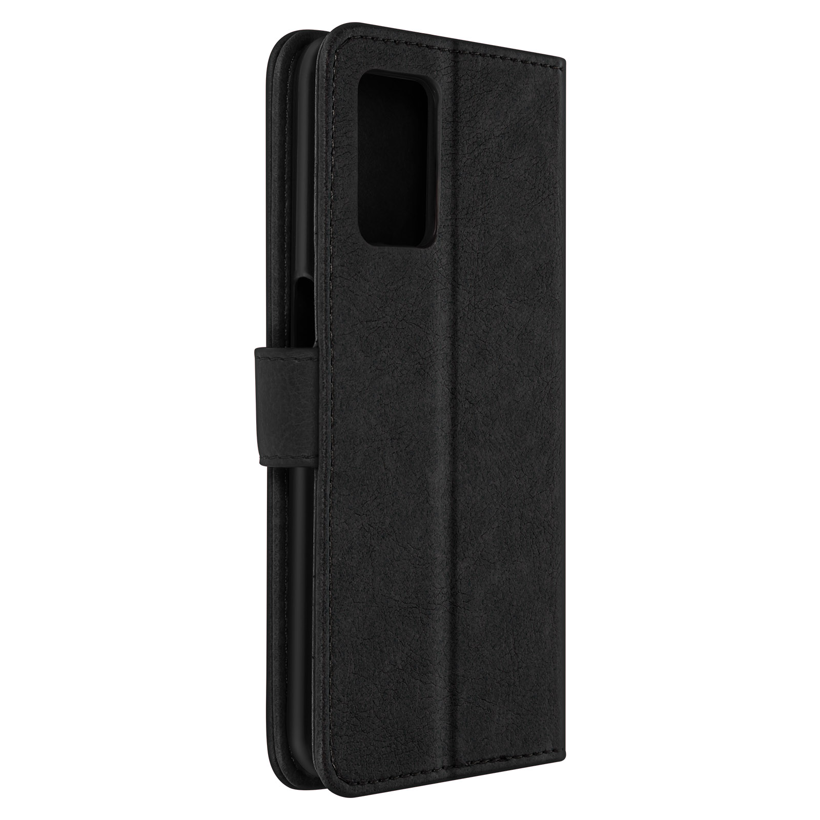 Coque de téléphone noire, pliée pour montrer l'intérieur. L'étui est noir, avec une surface texturée.
