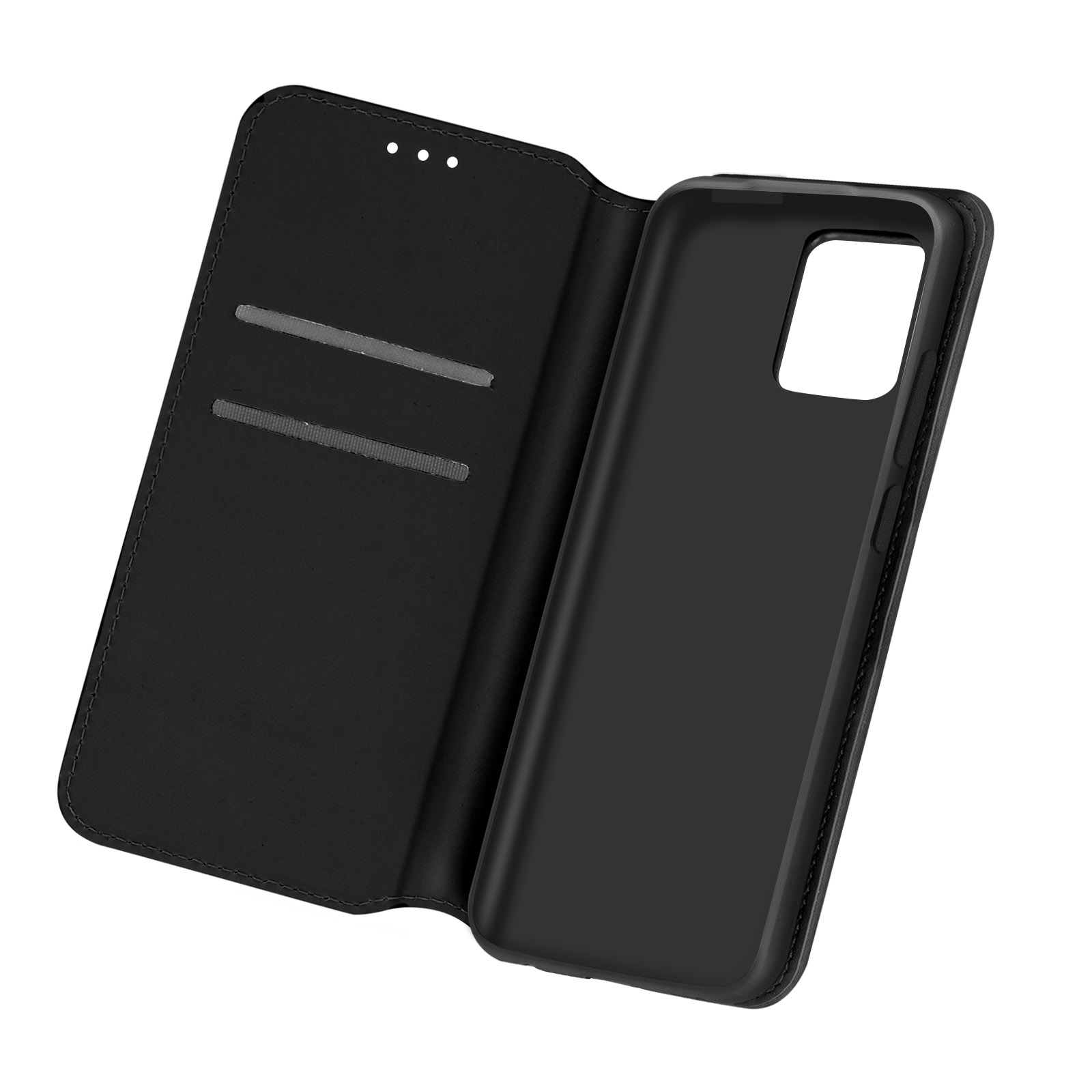 Custodia nera aperta. Lato sinistro con fessure per carte. Lato destro con supporto per telefono.