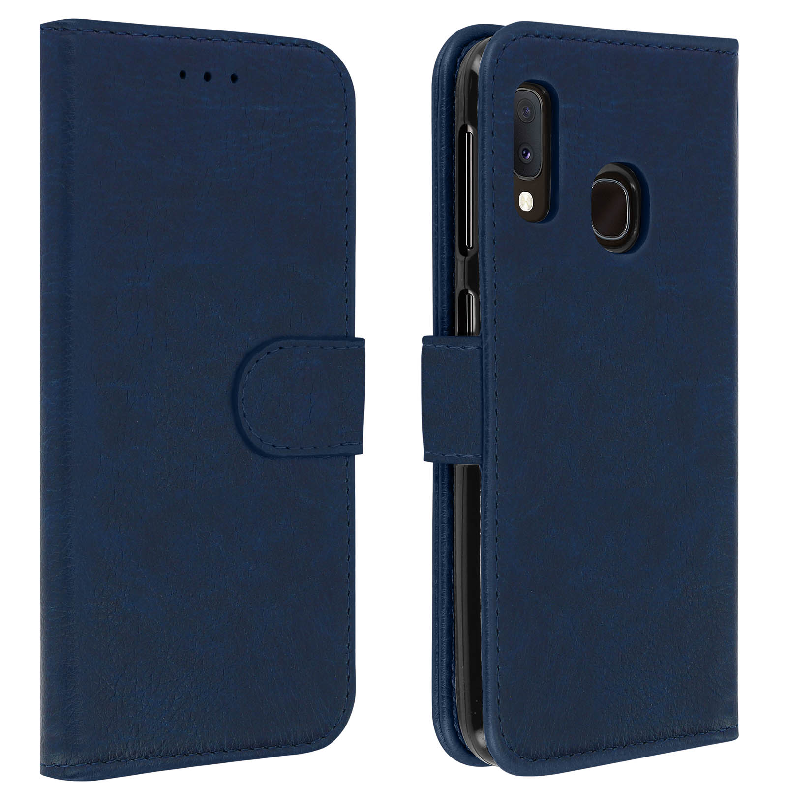 Étui de téléphone bleu foncé, fermé et ouvert, montrant un téléphone avec caméra.