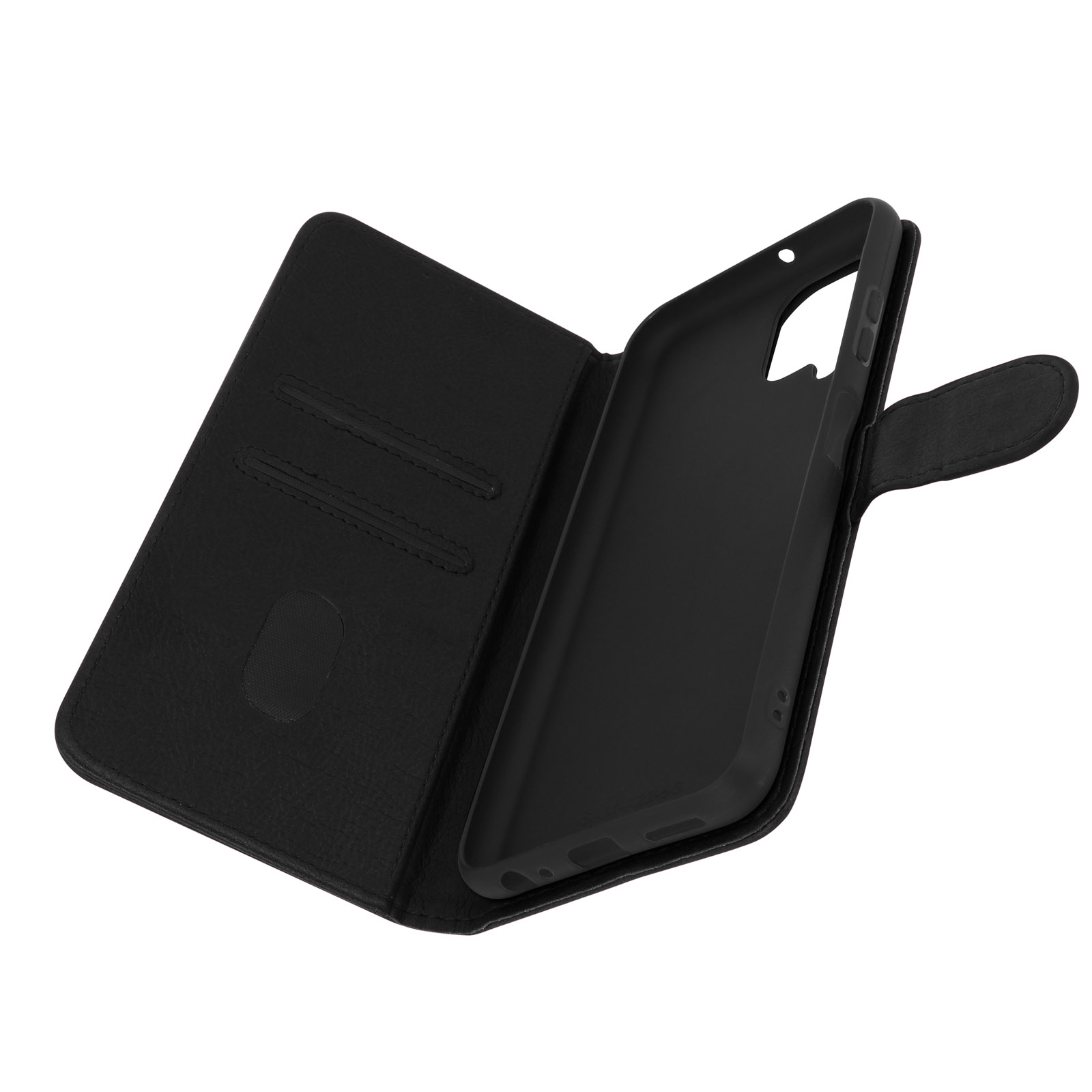 Étui de téléphone noir, ouvert. Révèle le support de téléphone. Intérieur noir, fond blanc.