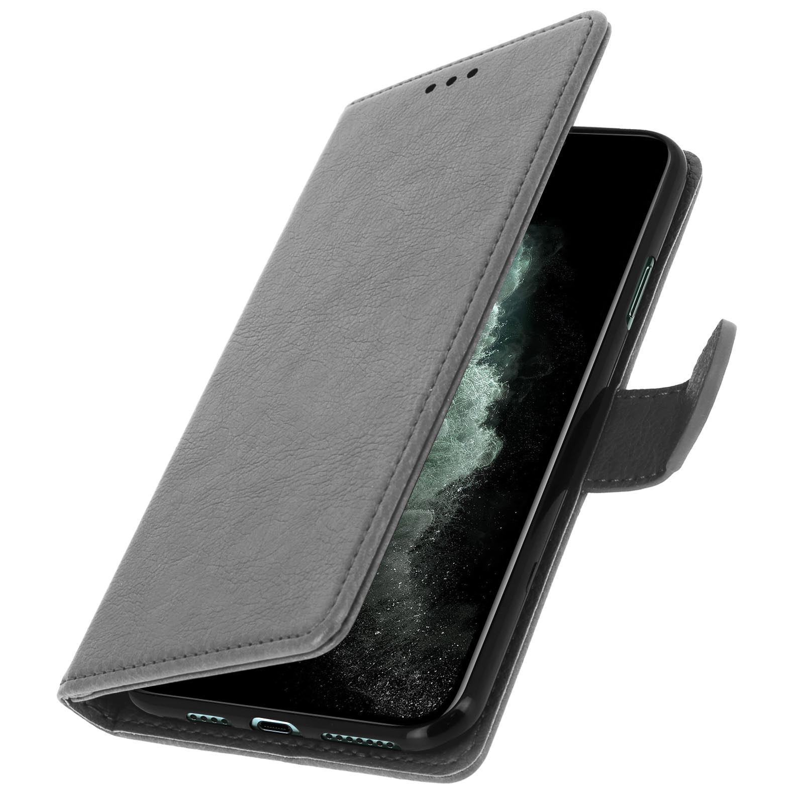 Een grijze telefoonhoes open om een telefoon te onthullen.