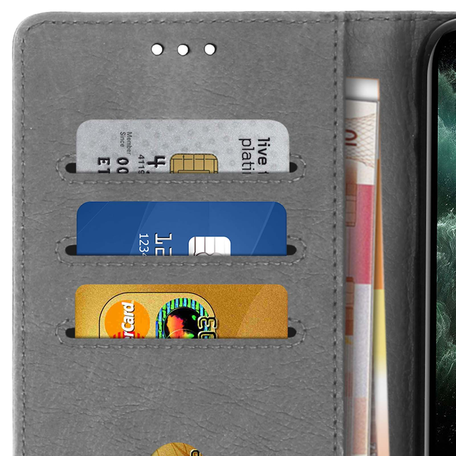 Een grijze telefoonhoes met creditcards en geld erin. De hoes is open en wordt getoond.