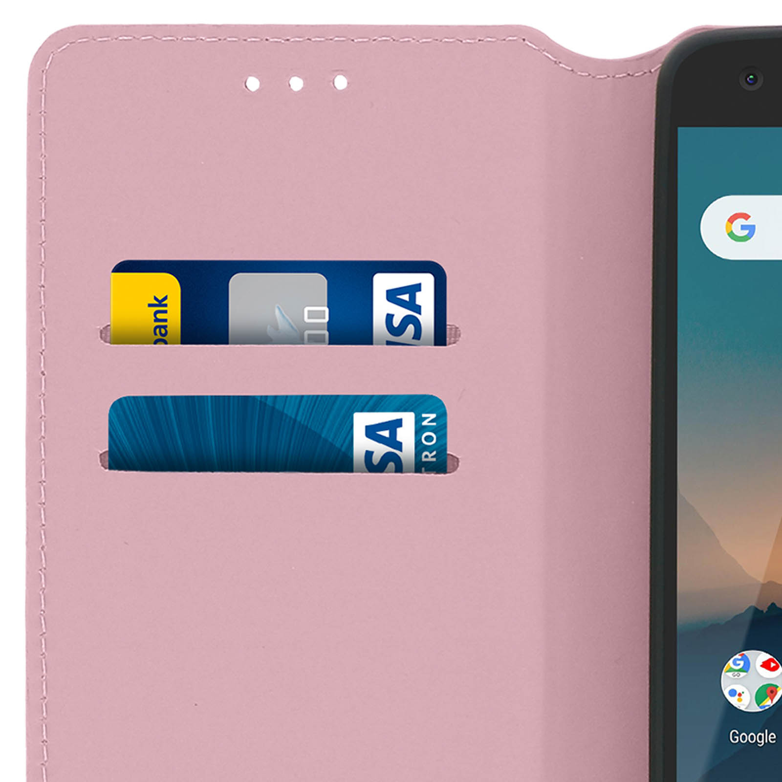 Custodia rosa con fessure per carte e smartphone con logo Google.