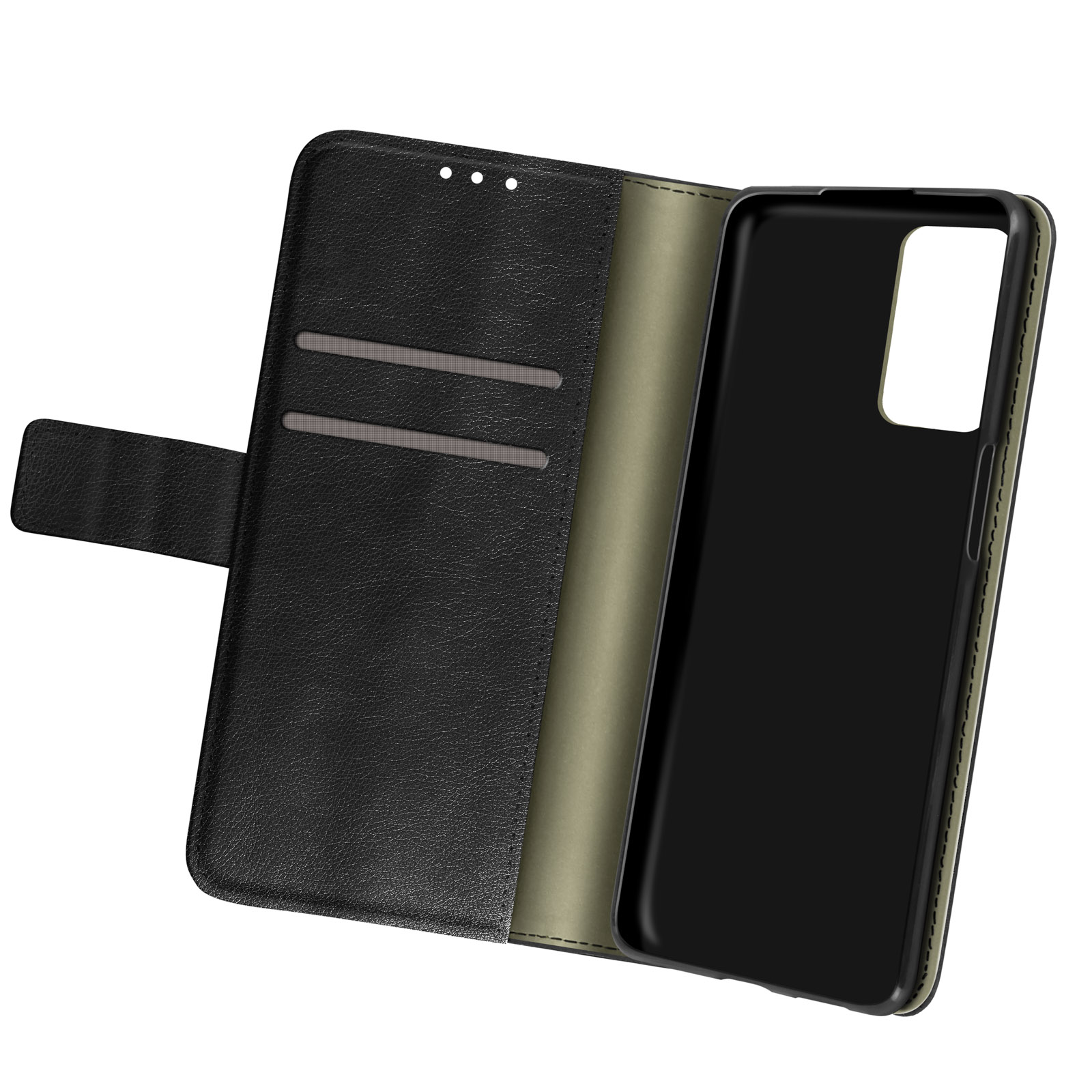 Zwarte leren telefoonhoes, open om een telefoonhouder te onthullen. De hoes heeft kaartsleuven en een magnetische sluiting.