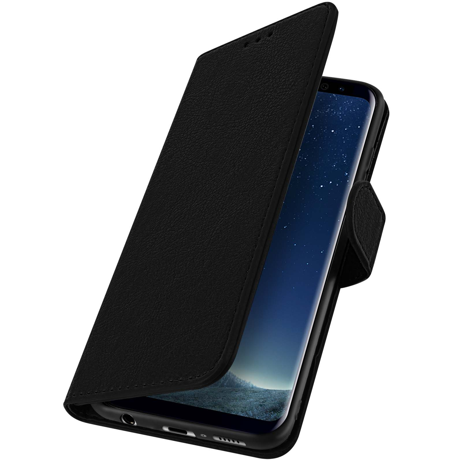 Zwarte telefoonhoes, open. Het telefoonscherm wordt weergegeven, met een sterrenachtergrond.