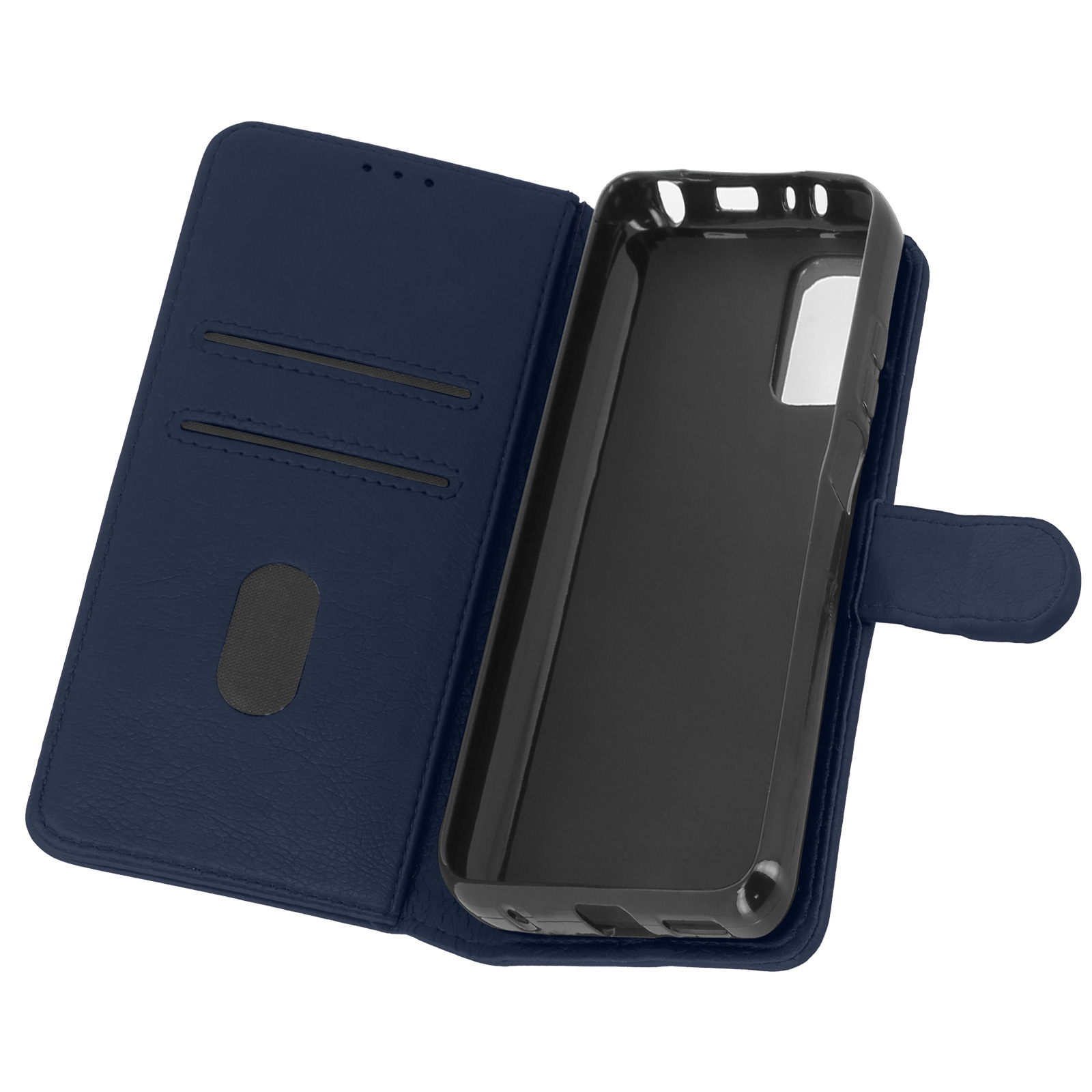 Interno della custodia del telefono. Pelle blu navy, supporto nero.