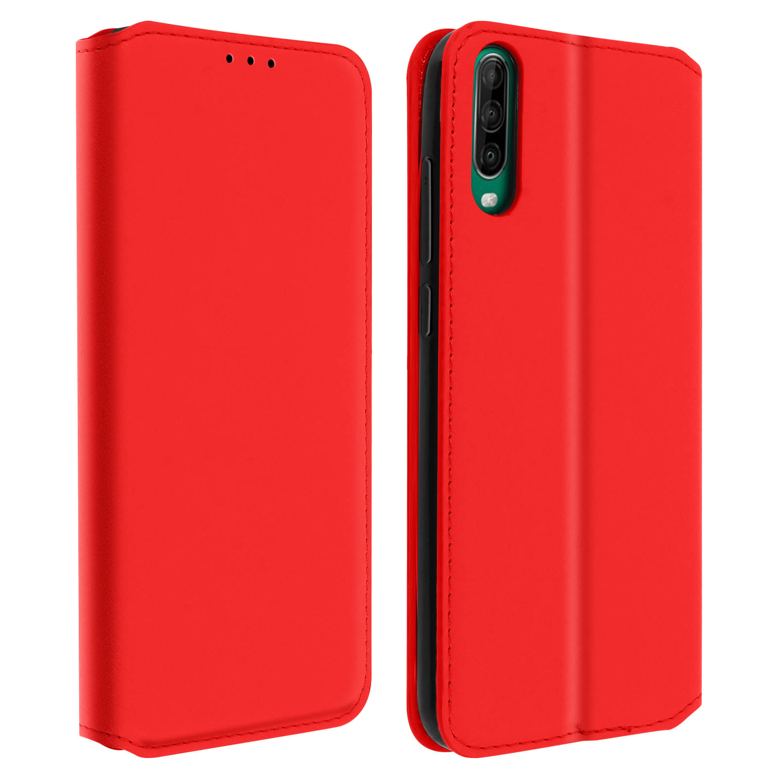 Custodia per telefono rossa, aperta e chiusa, con fessura per telefono. Con scomparti per carte.