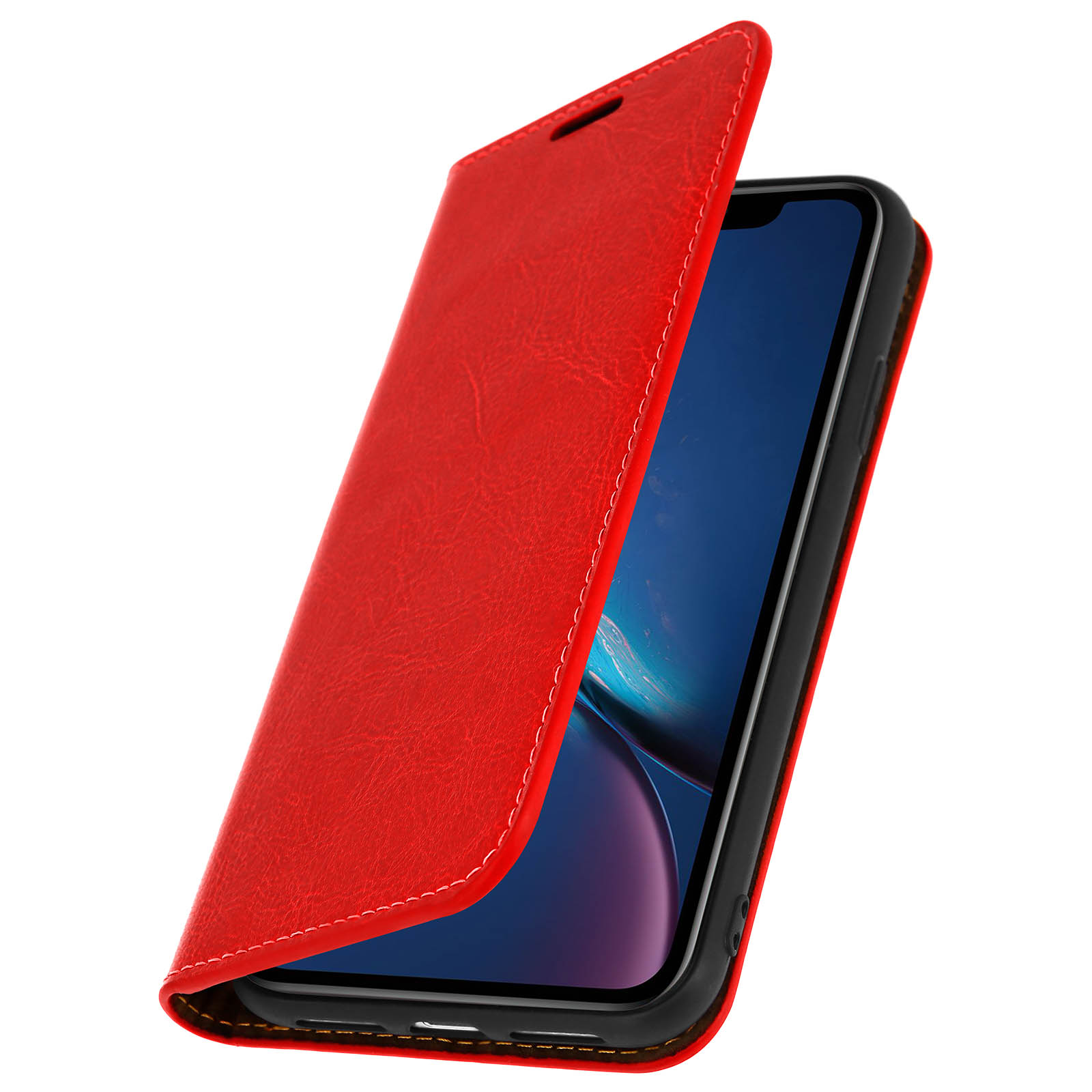 Custodia per telefono rossa aperta, che rivela un telefono. Il telefono è nero. Sfondo bianco.